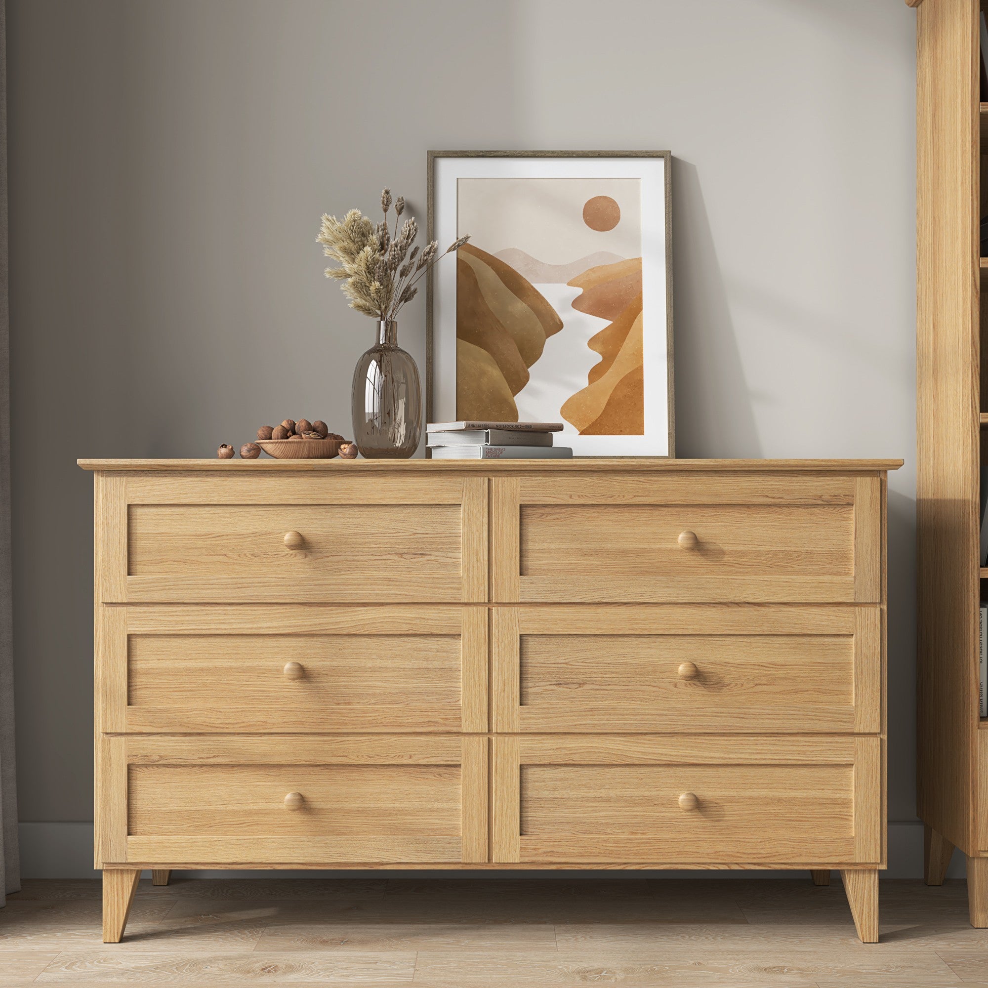 Commode 6S en chêne chêne naturel – szuflady otwarte, pojemne l'intérieur rangements