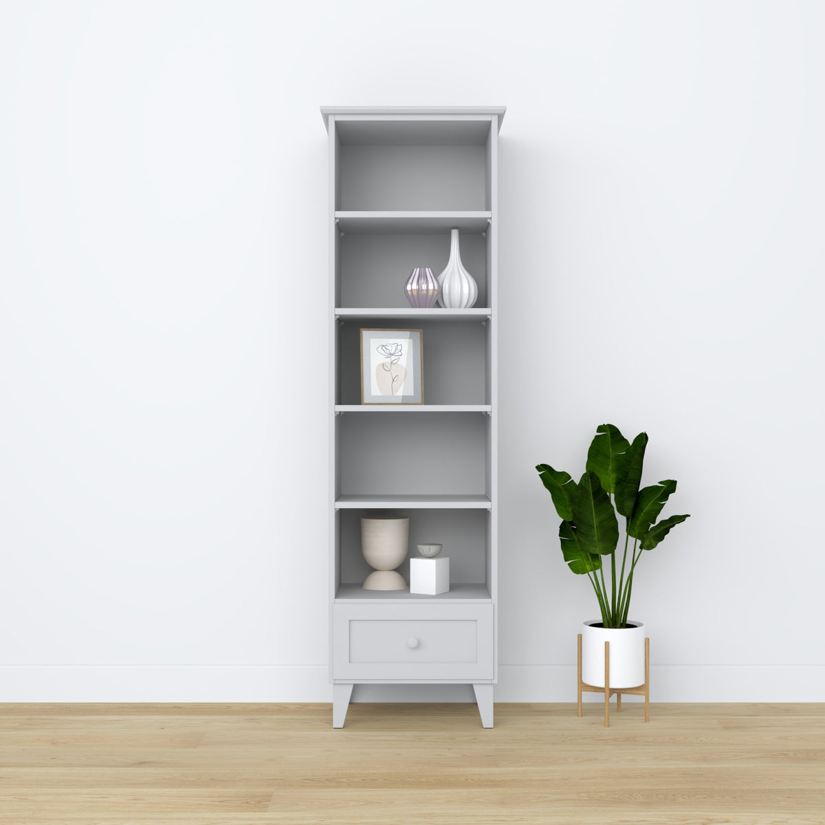 Regal mit Schublade Holz grau 57 cm – Wohnzimmer und Arbeitszimmer, skandinavischer Stil