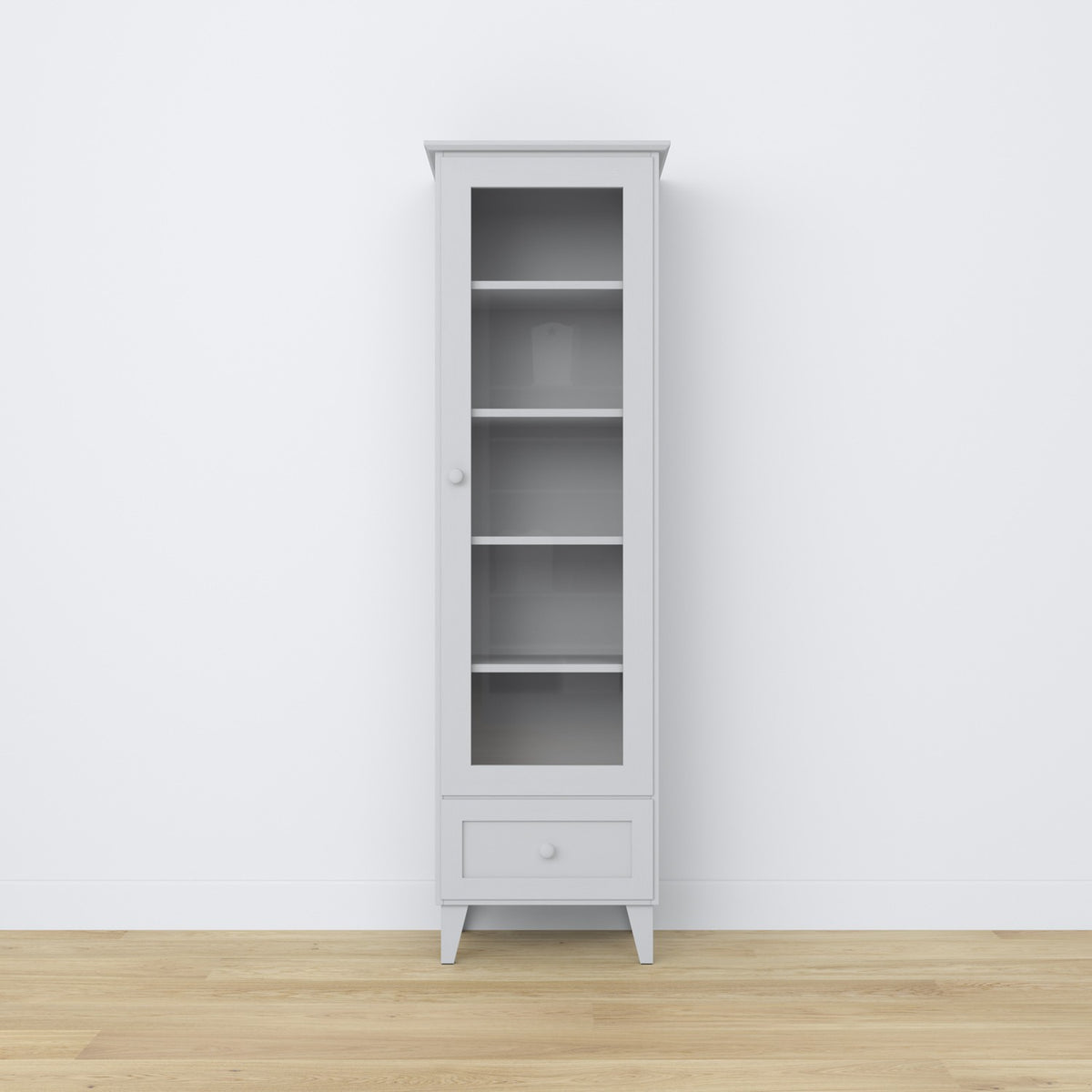 Vetrina 1S 57 grigio – cerniere szklanych porte, in legno, dettaglio