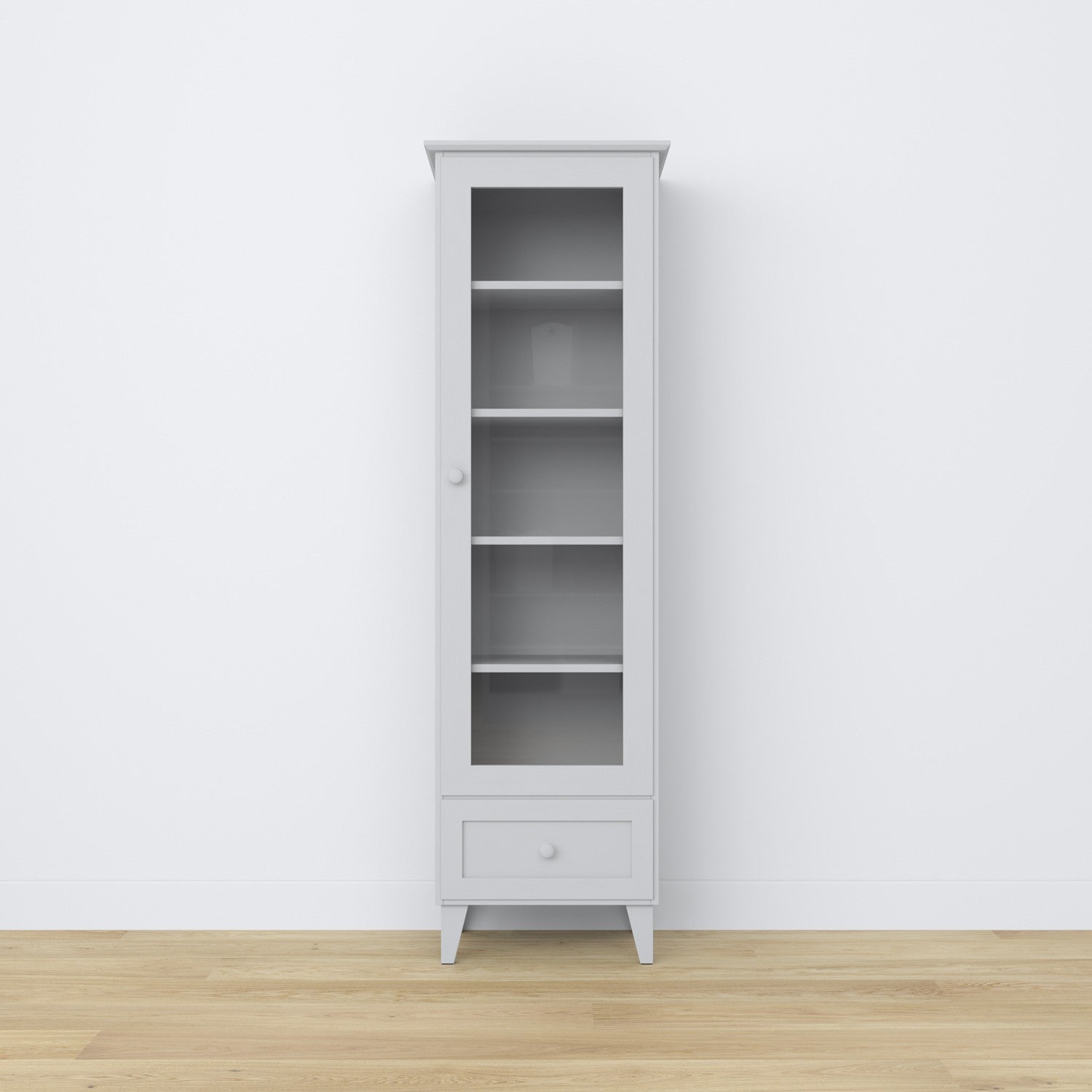 Vetrina 1S 57 grigio – cerniere szklanych porte, in legno, dettaglio