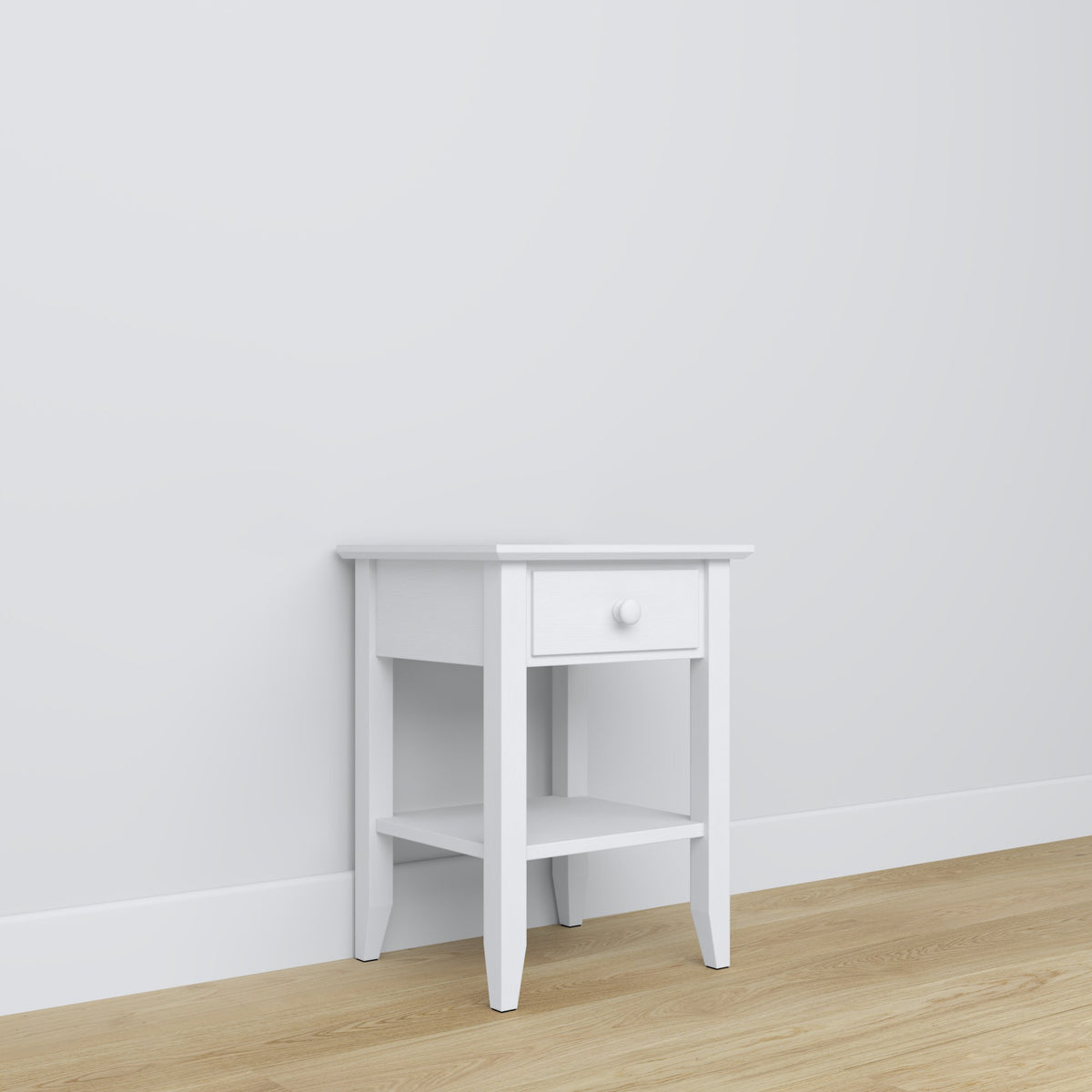 Comodino N01 bianco – in legno, vista frontealny, Nizio Home