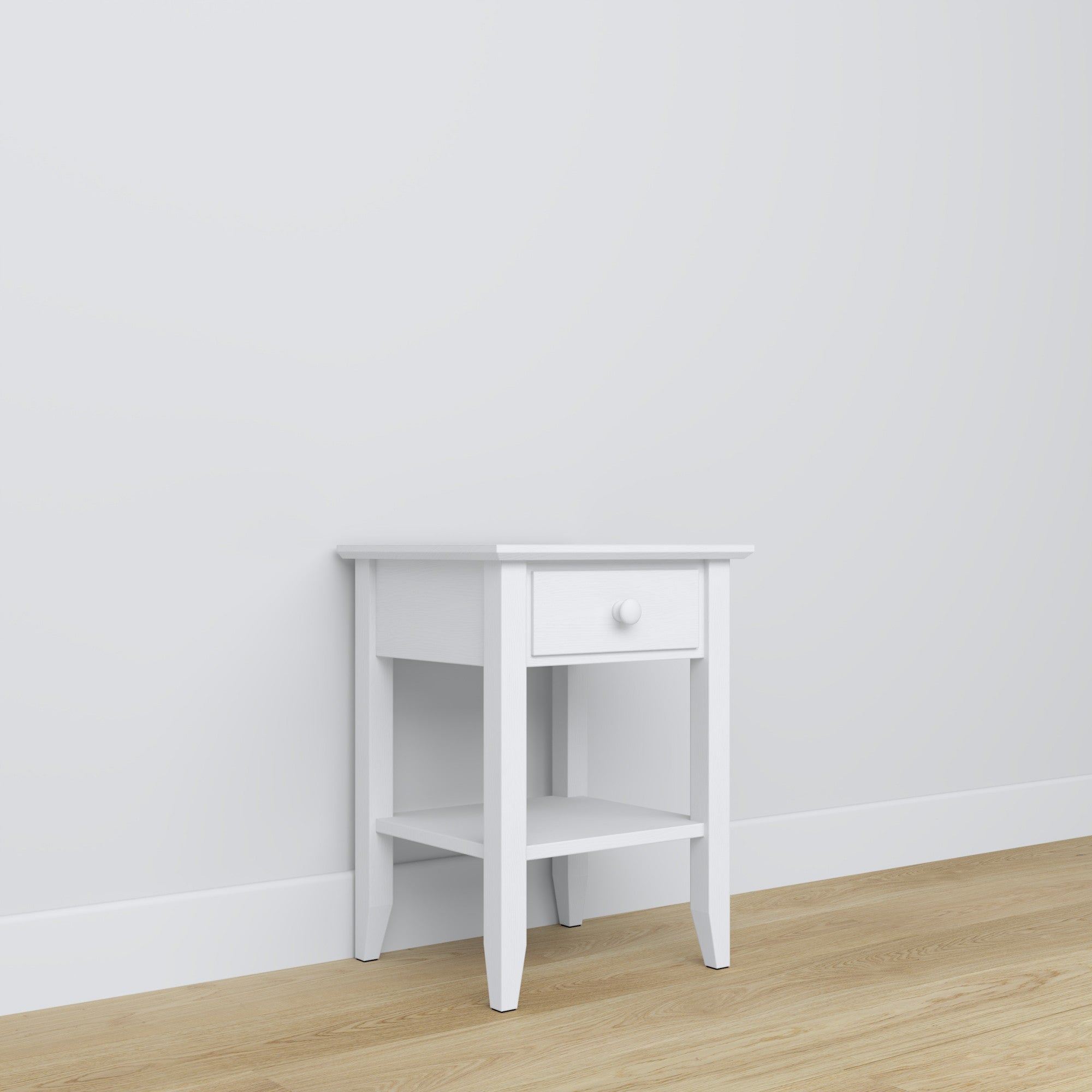 Comodino N01 bianco – in legno, vista frontealny, Nizio Home