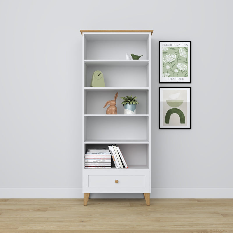 Regal mit Schublade Holz weiß mit Eiche 80 cm – Wohnzimmer und Arbeitszimmer, skandinavischer Stil