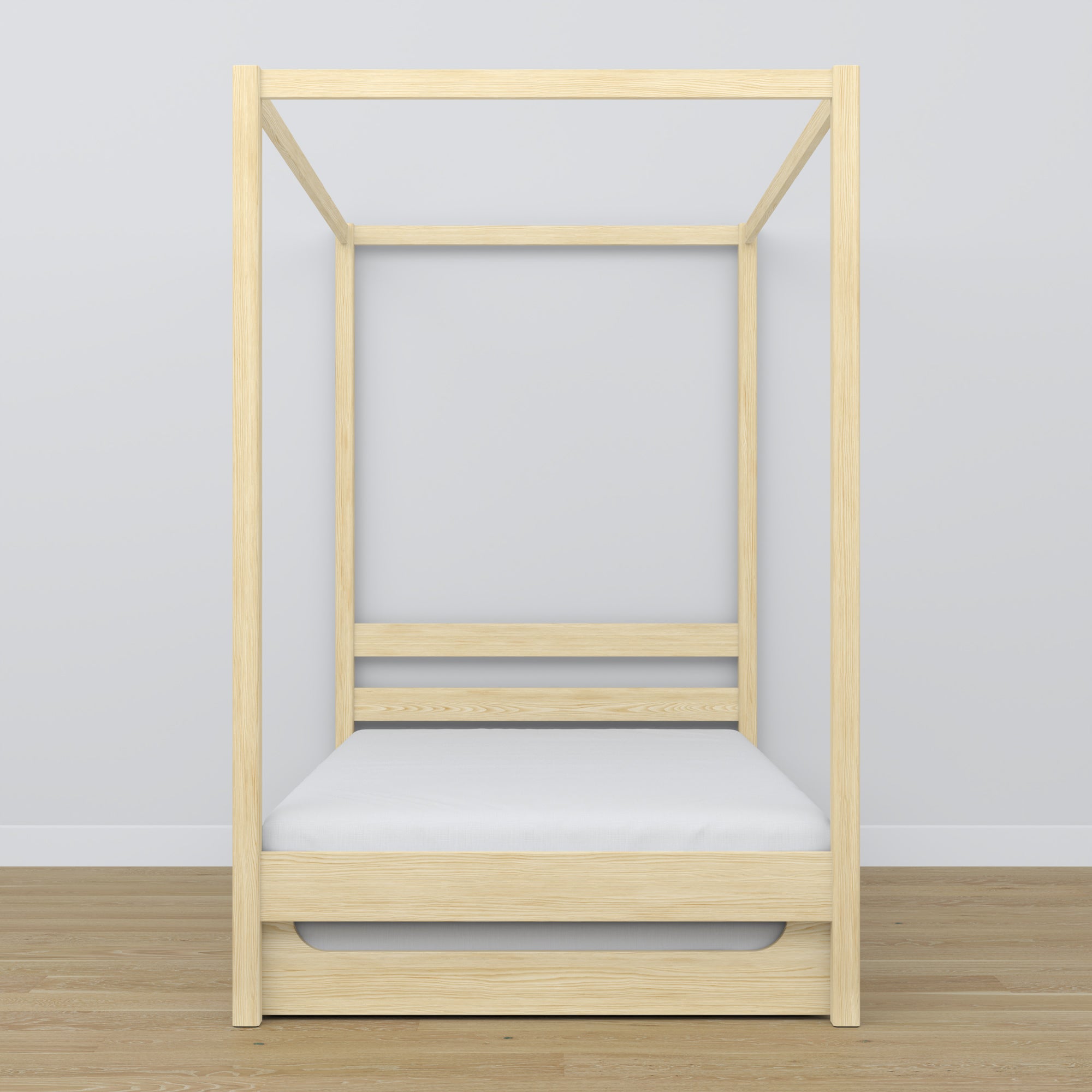 Lit pin incolore avec baldaquin i tiroir – vue de côté, en bois, Nizio