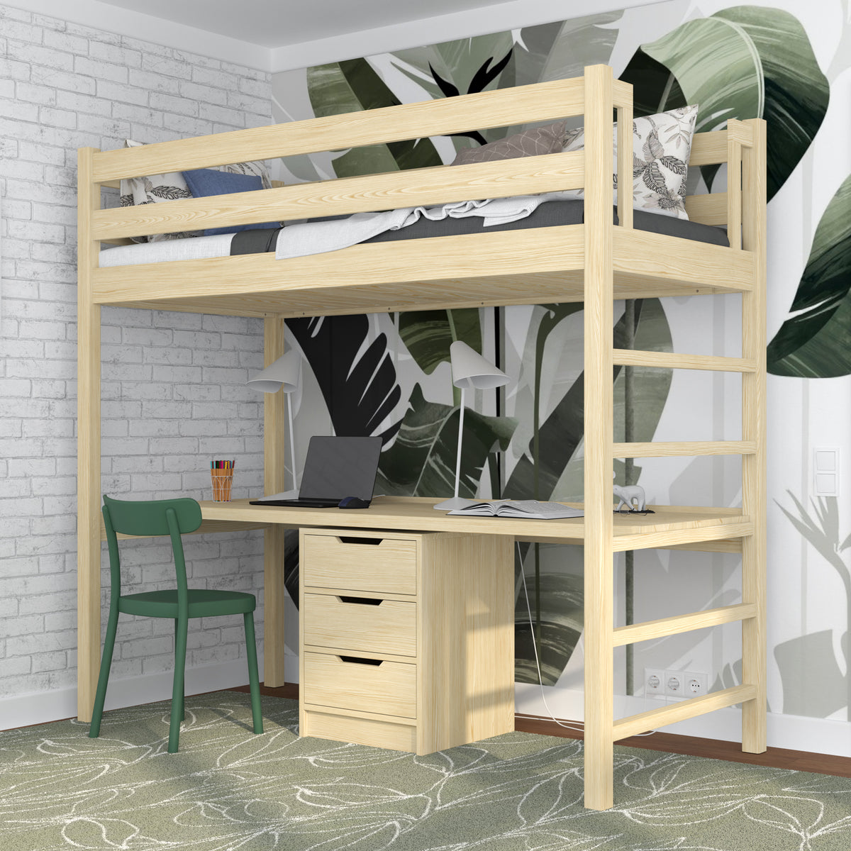 Lit mezzanine avec bureau en bois pin incolore – échelle i barrière ochronna