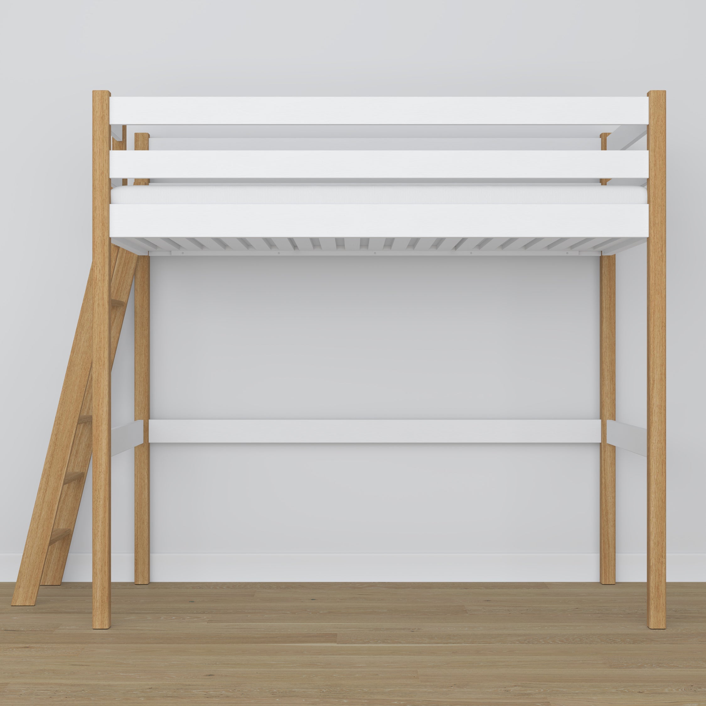 Letto a soppalco bianco-quercia – scala e sponda in legno, Nizio Home