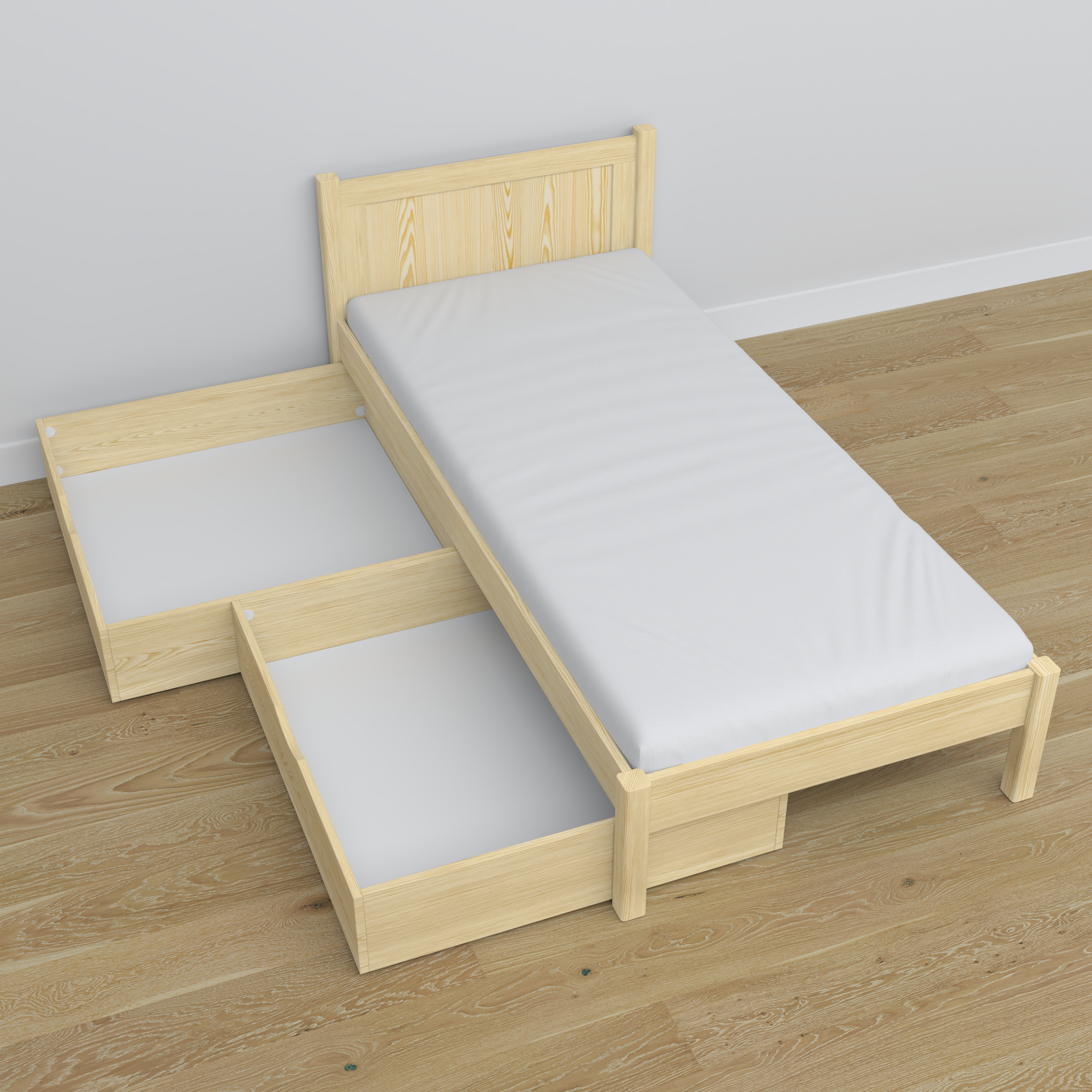 Clear pine bed with drawer made of wood – angled view