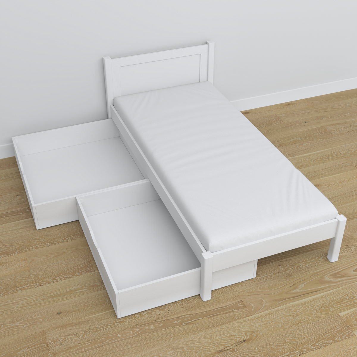 White Wooden Bed with Drawer – Angled View