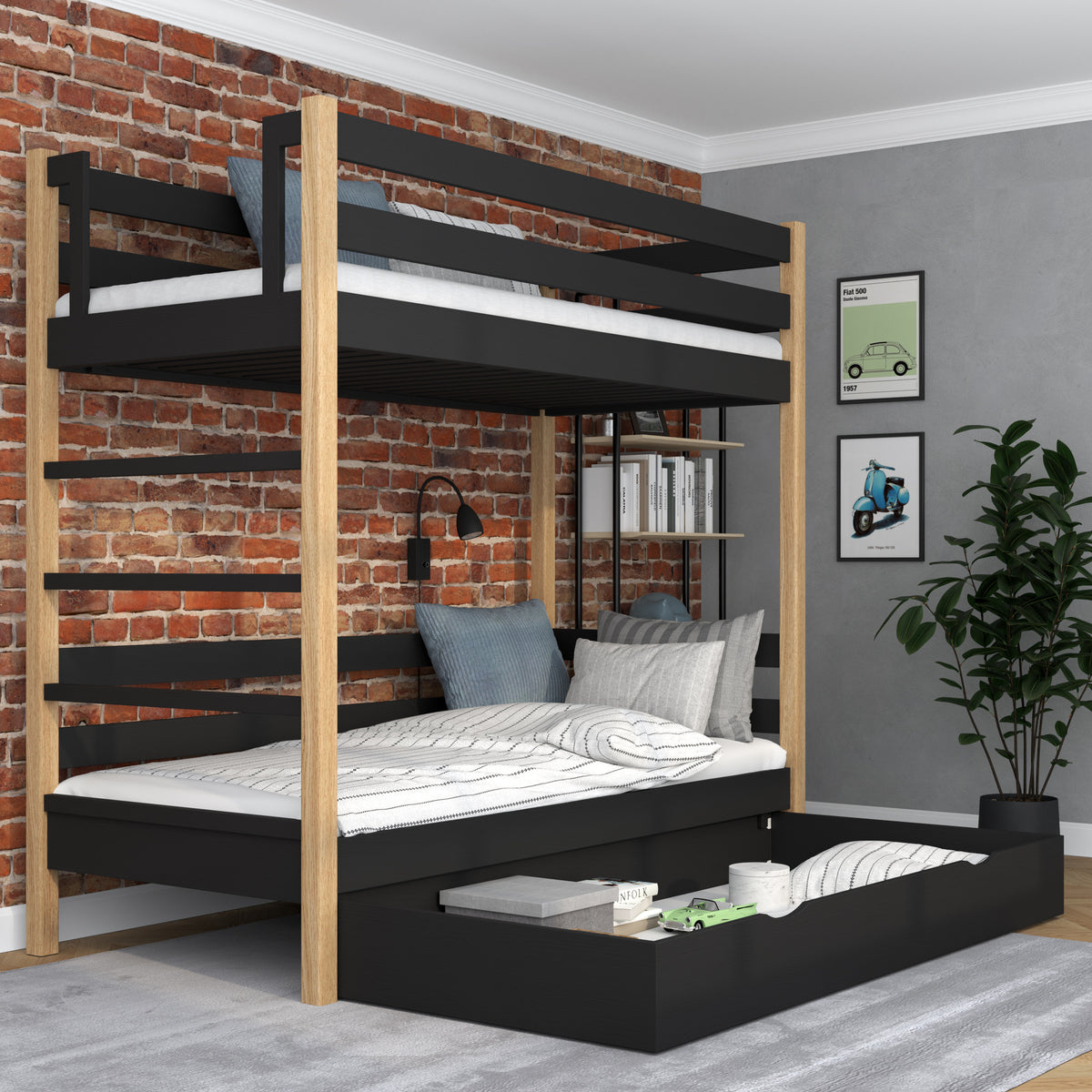 Black and Oak Wooden Bunk Bed – Open Drawer, Spacious Storage Under the Bed