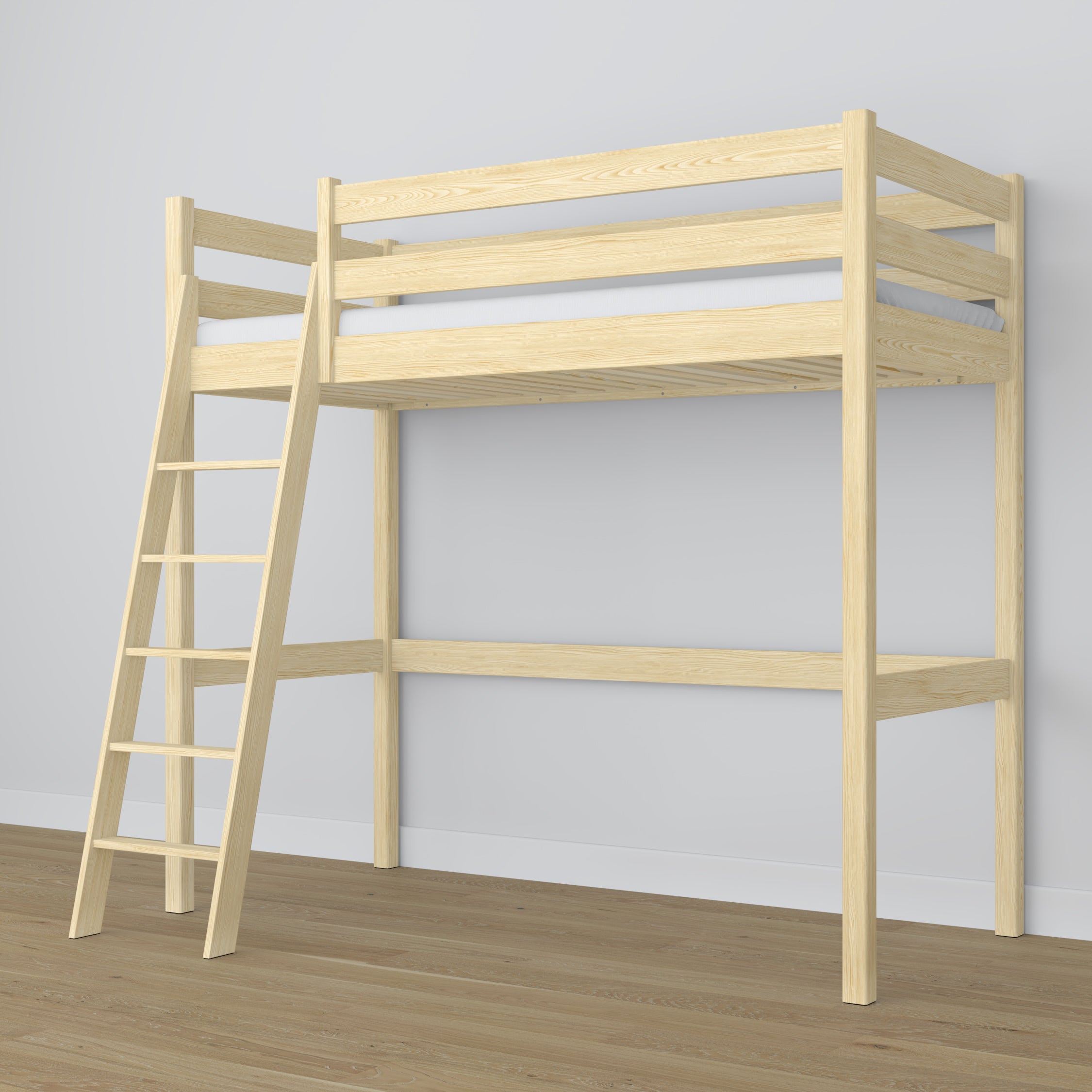 Loft bed clear pine wooden – top view of the sleeping area