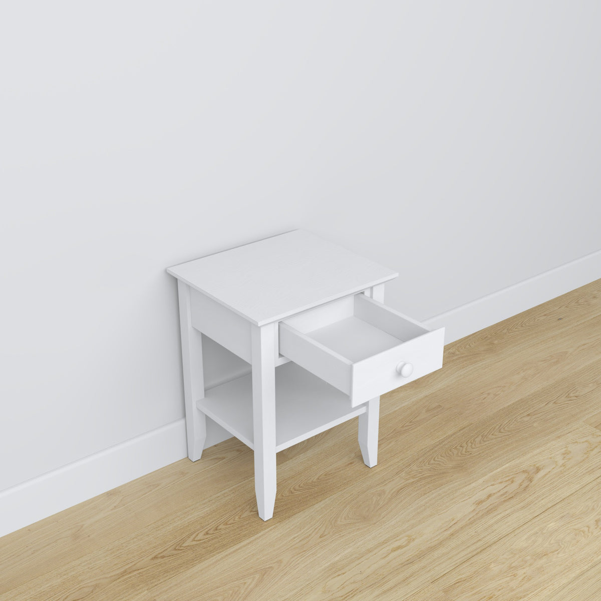 Comodino N01 in legno bianco – cassetto aperto, vano vicino al letto