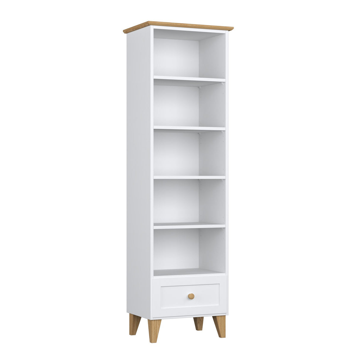 Scaffale 1S in legno bianco con quercia in salotto – allestimento scandinava, Nizio