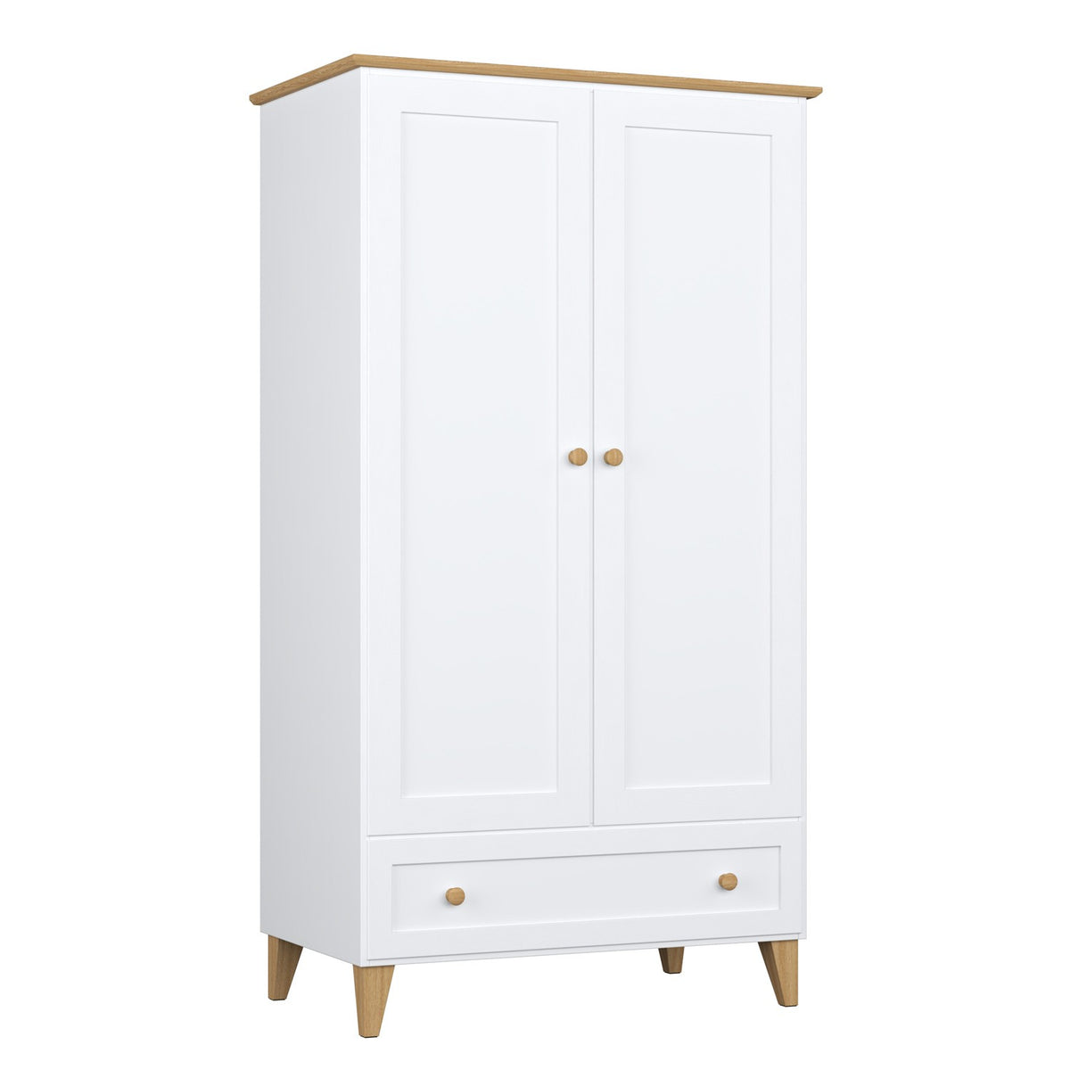 Armadio 2D1S in legno bianco con quercia – porte aperte, asta e ripiani interne