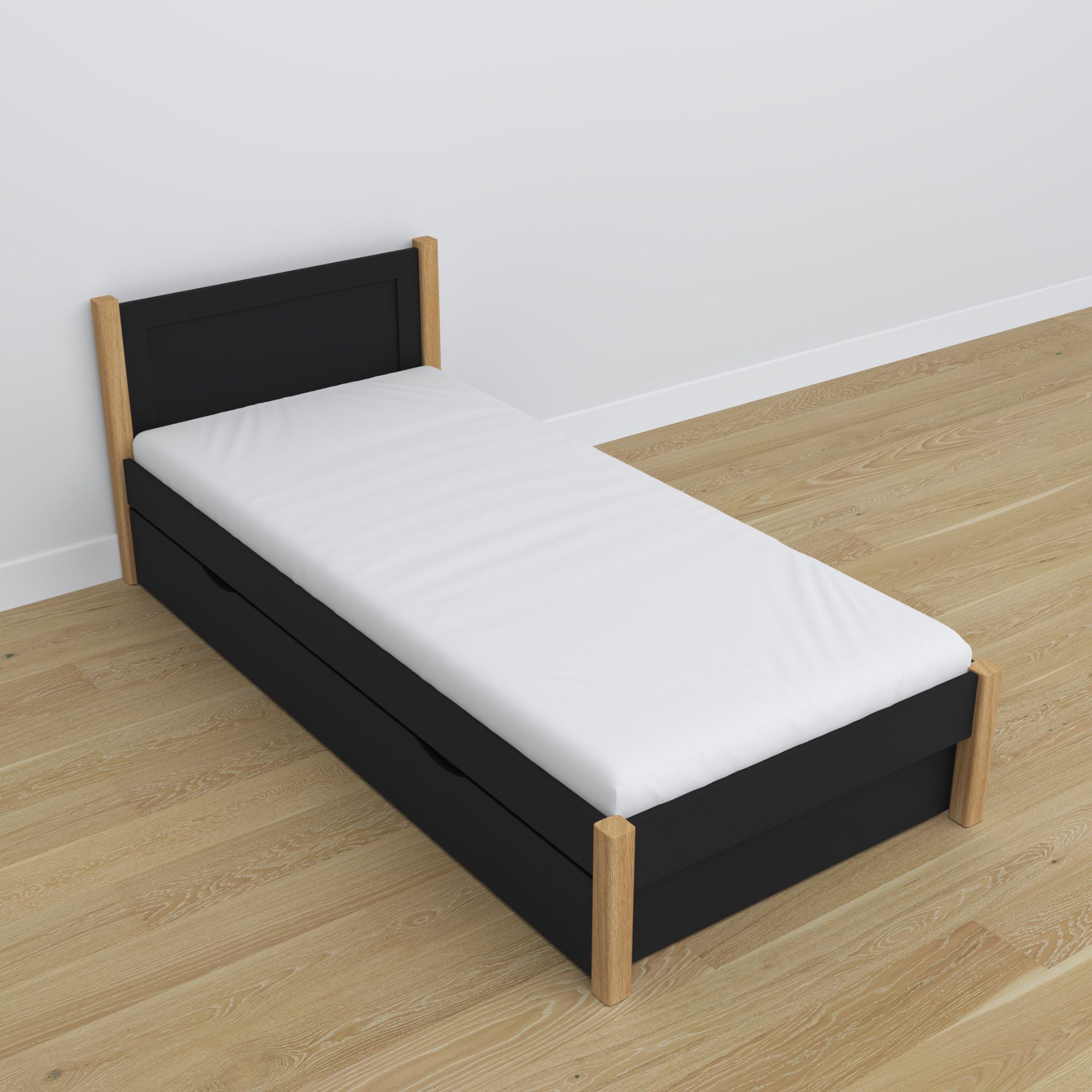 Letto con cassetto in legno nero-quercia – dimensioni e schema, Nizio Home