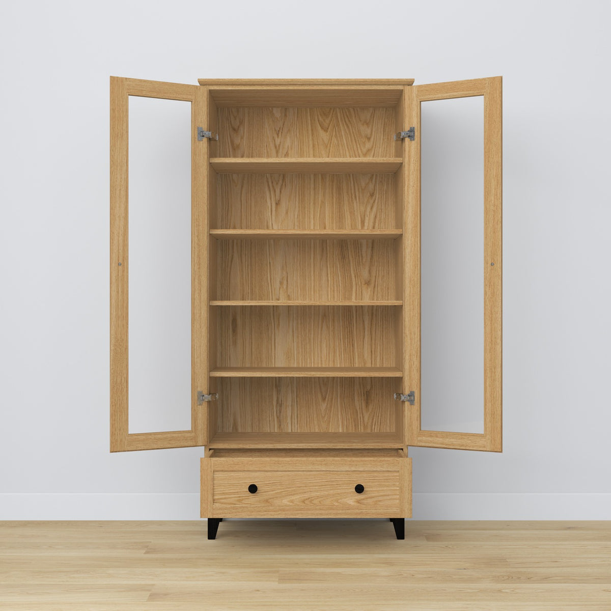 Vetrina 1S in rovere naturale con nero – porte aperte, ripiani e cassetto all'interno
