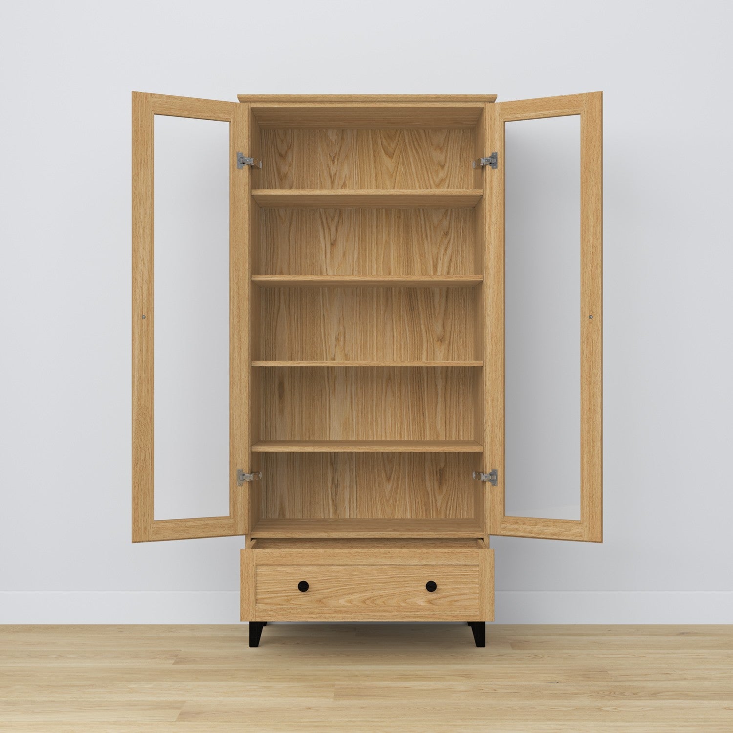 Vetrina 1S in rovere naturale con nero – porte aperte, ripiani e cassetto all'interno