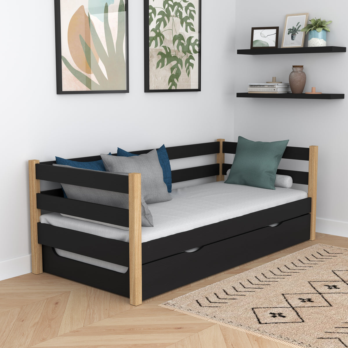 Letto divano nero-quercia con cassetto per materasso – in legno, Nizio Home