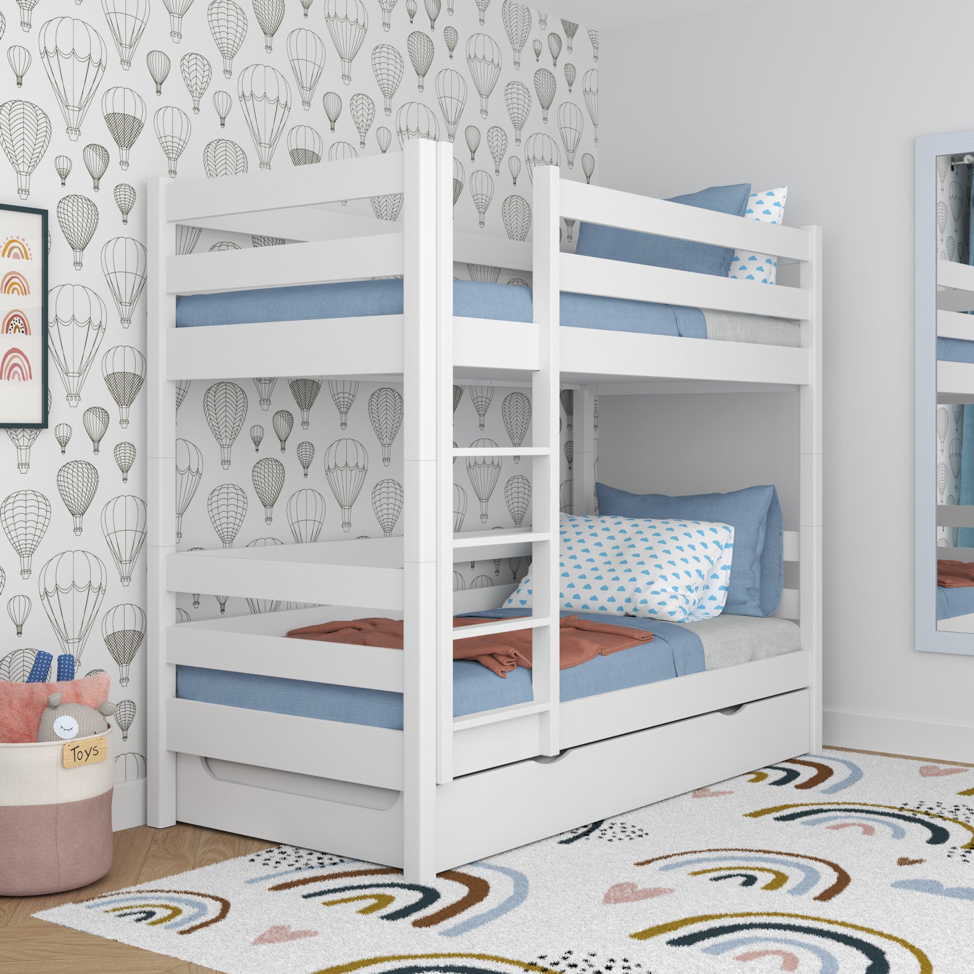 Letto a castello in legno bianco – scala, sponde, cassetto per materasso aggiuntivo