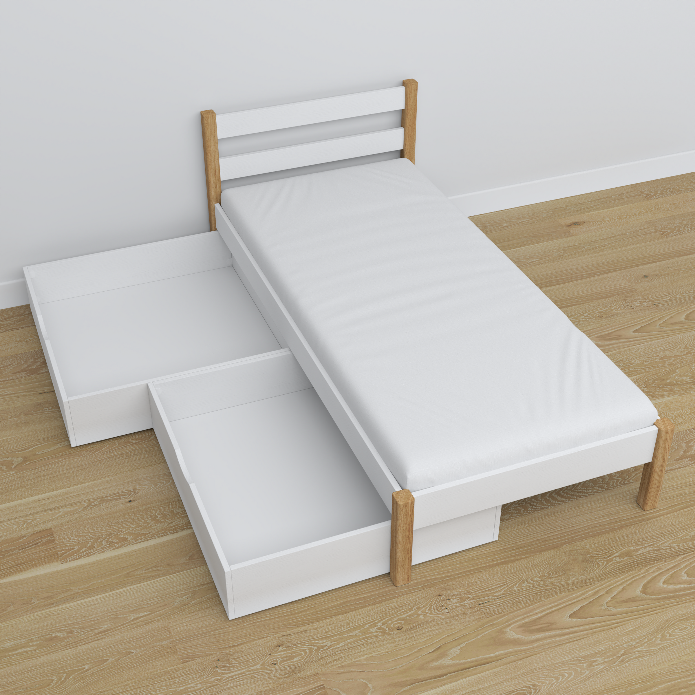 Letto bianco-quercia con cassetto in legno – vista diagonale