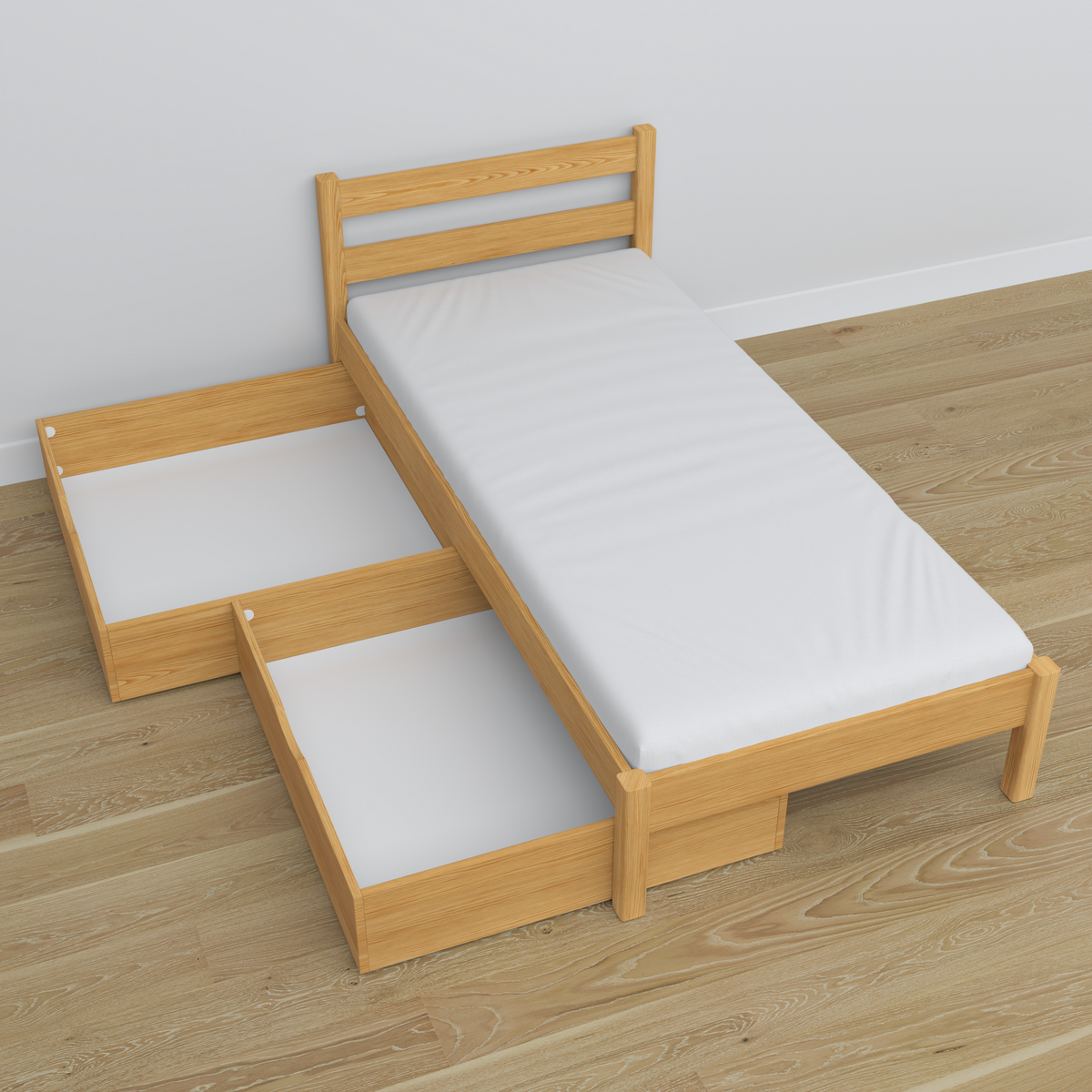 Letto pino naturale con cassetto in legno – vista diagonale