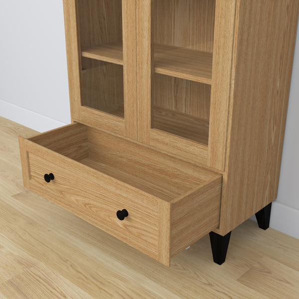 Vitrine 1S 90 chêne naturel avec noir en chêne – vue de côté, profondeur i profil