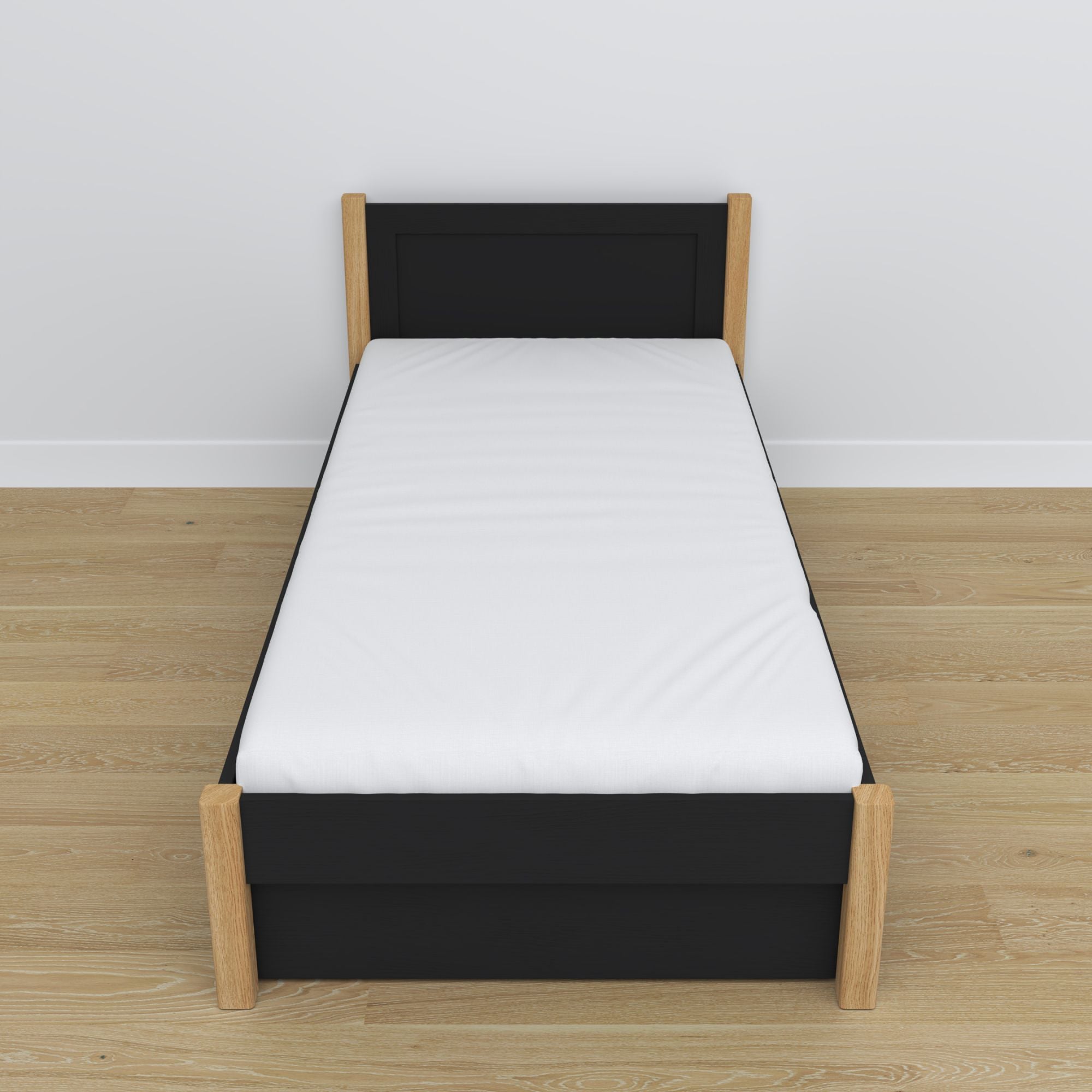 Letto nero-quercia con cassetto – guide e dettagli in legno, Nizio