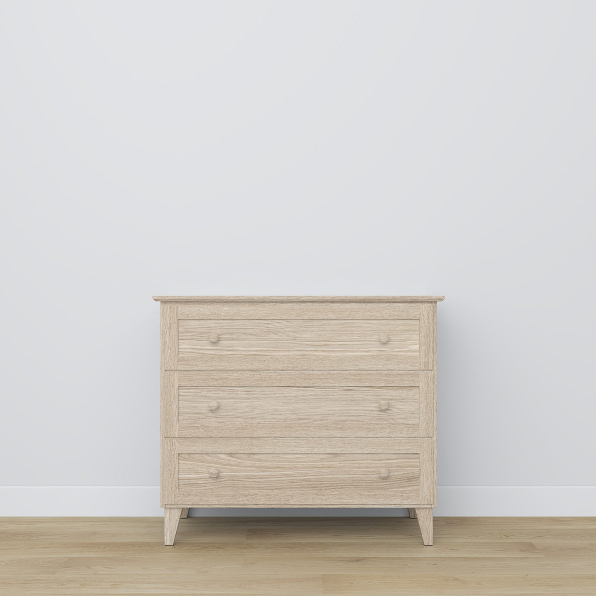 Kommode 3S Eiche gebleicht – Griff und Schubladenfront, Nahaufnahme Eichenholz