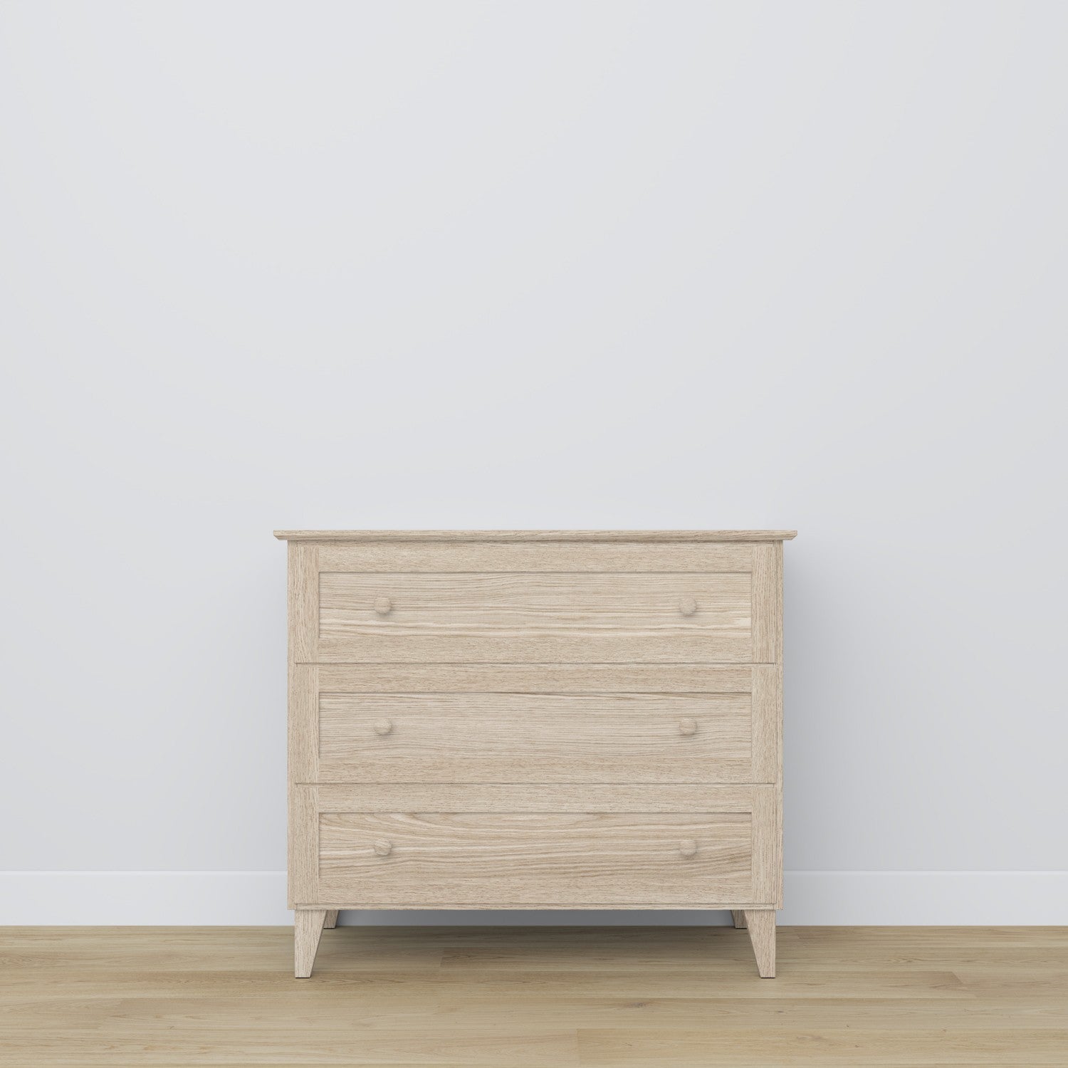 Kommode 3S Eiche gebleicht – Griff und Schubladenfront, Nahaufnahme Eichenholz