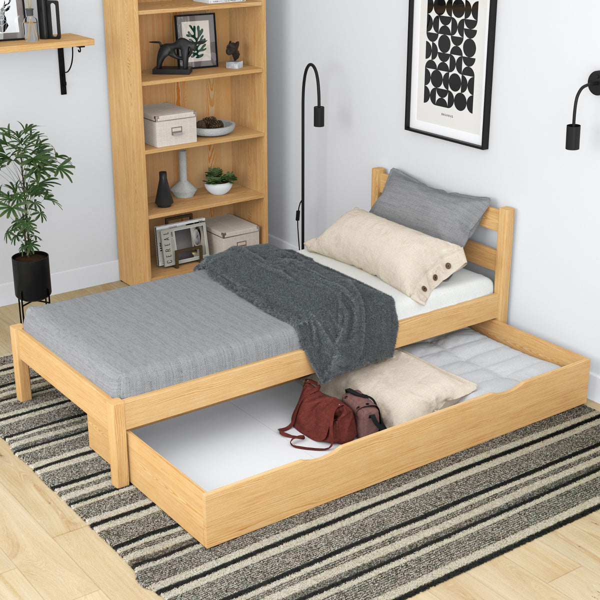 Letto pino naturale con cassetto – capiente vano, in legno, per bambini Nizio