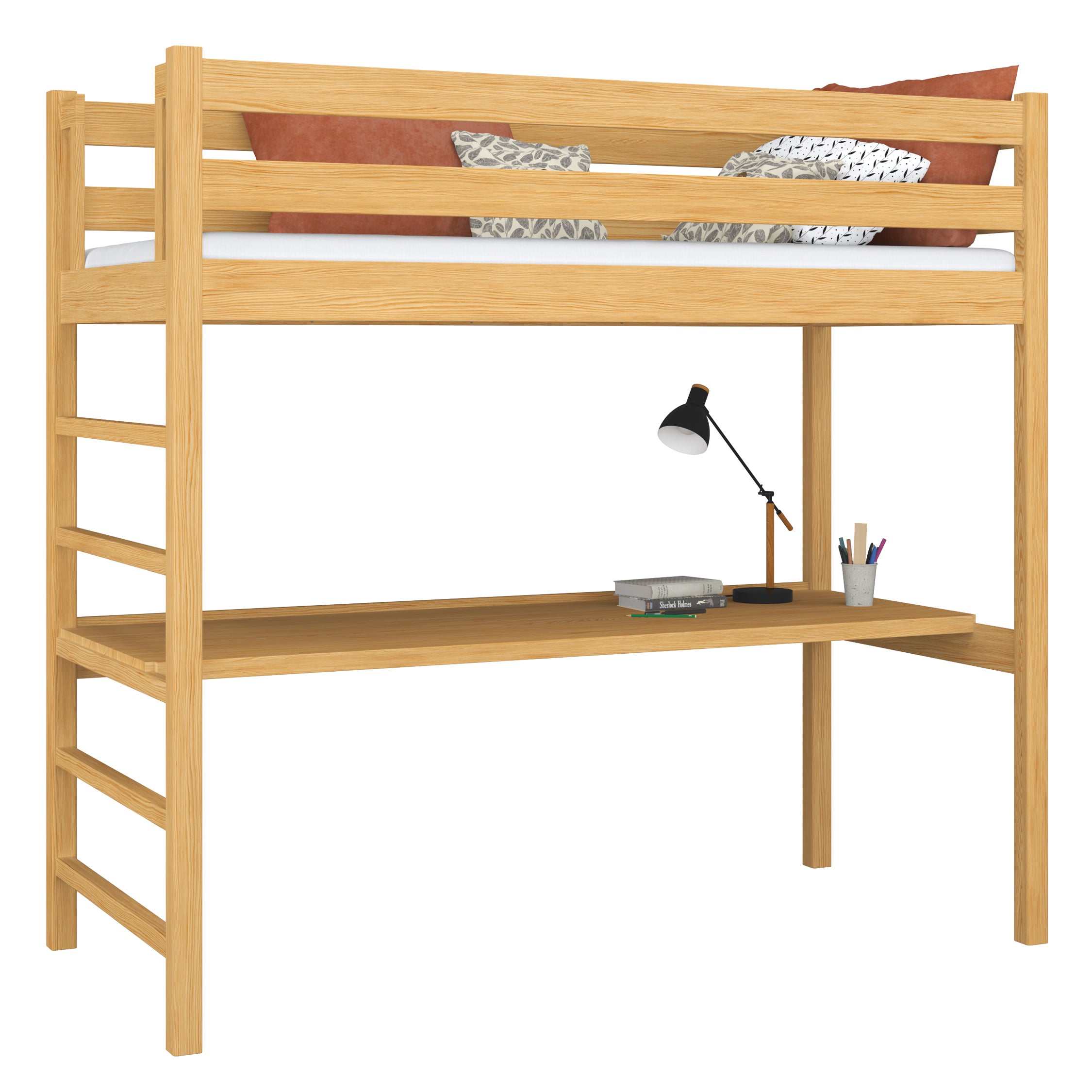 Łóżko na antresoli z biurkiem N01 sosna naturalna – widok z boku
