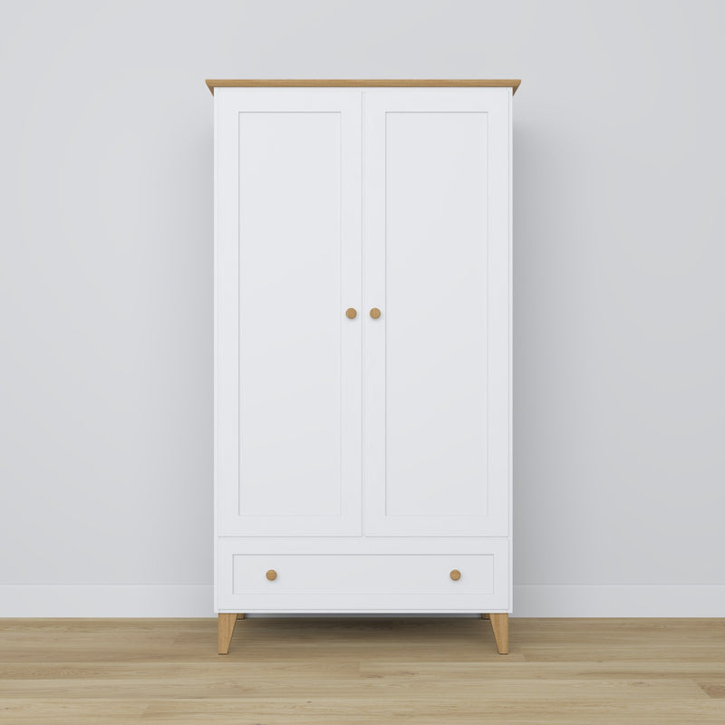 Armadio 2-porteowa con cassetto in legno bianco con quercia – camera da letto, stile scandinavo