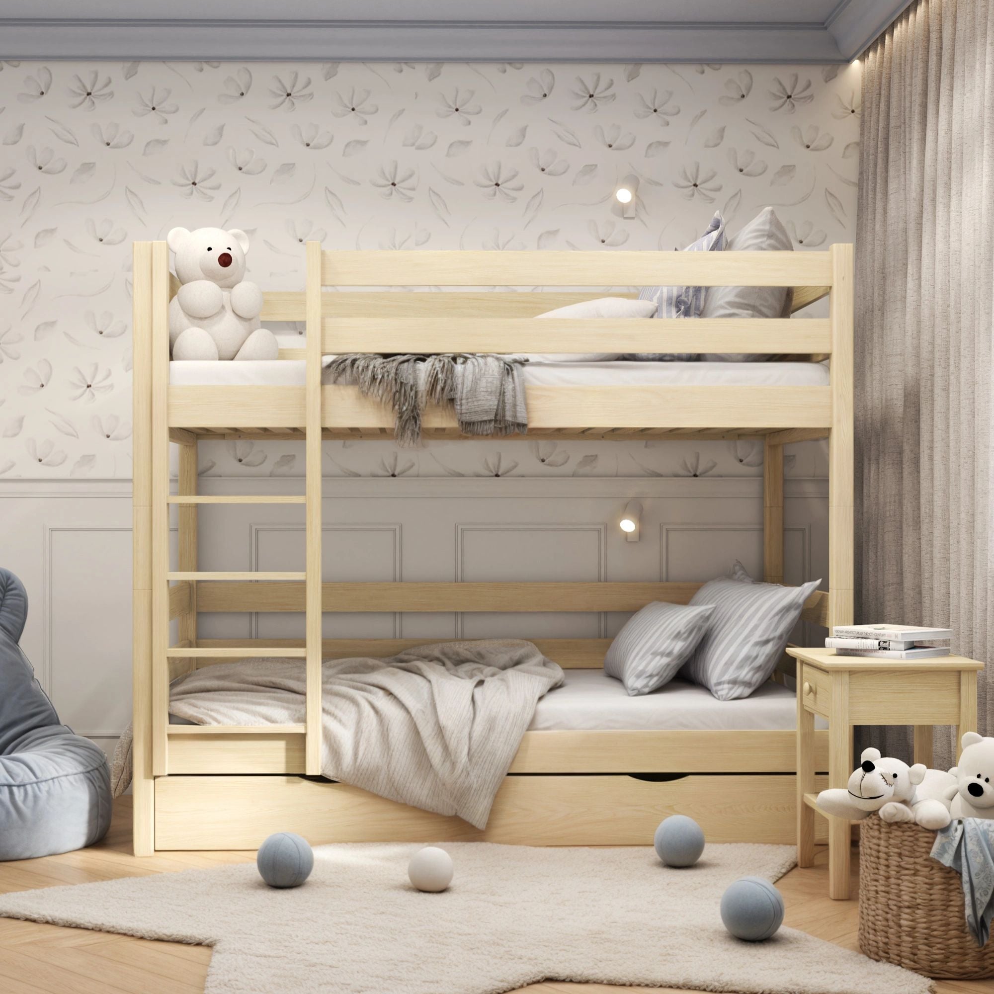 Etagenbett Kiefer farblos mit Schublade – Absturzsicherung und Holzleiter, Nizio