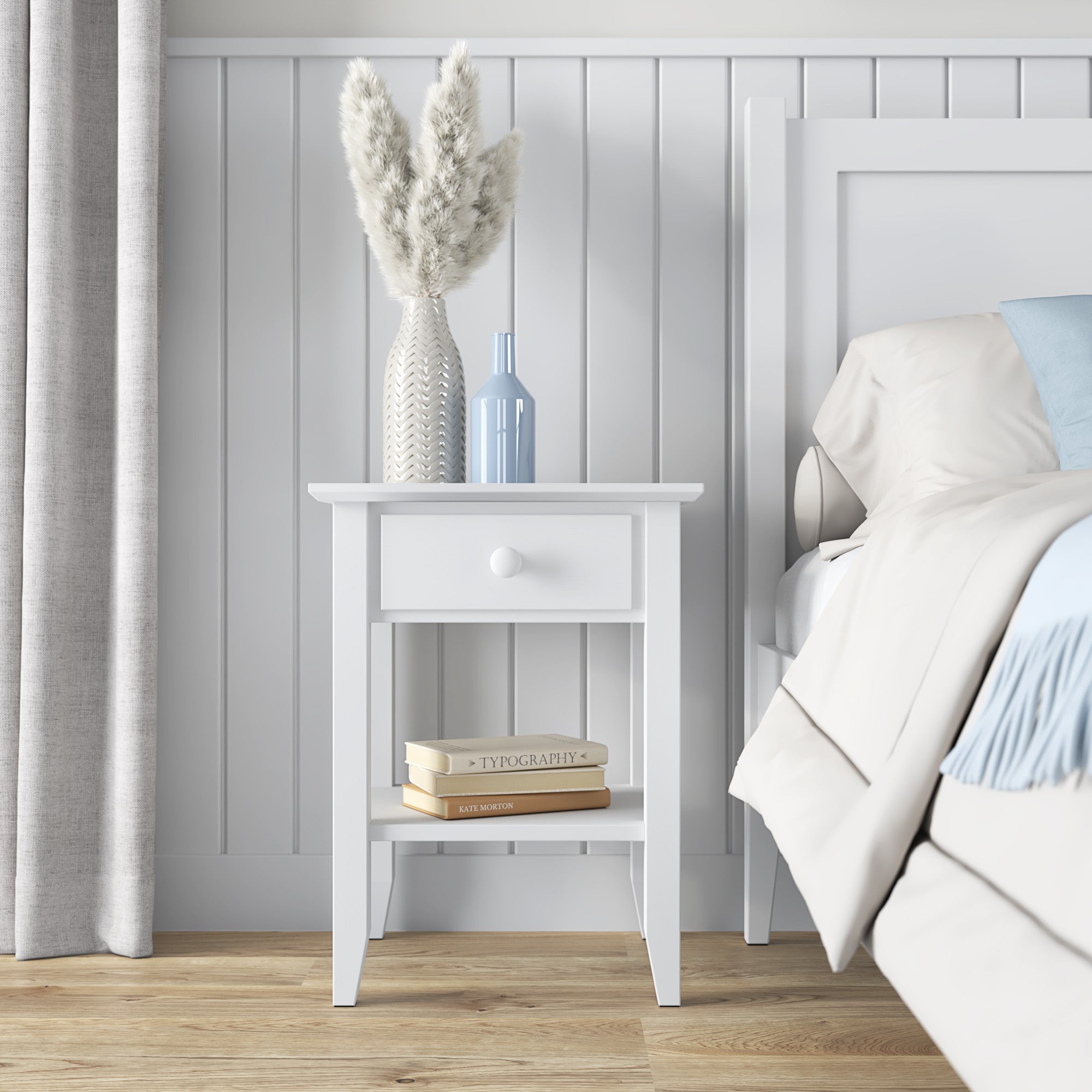 Comodino N01 bianco in legno – vista laterale, Nizio Home