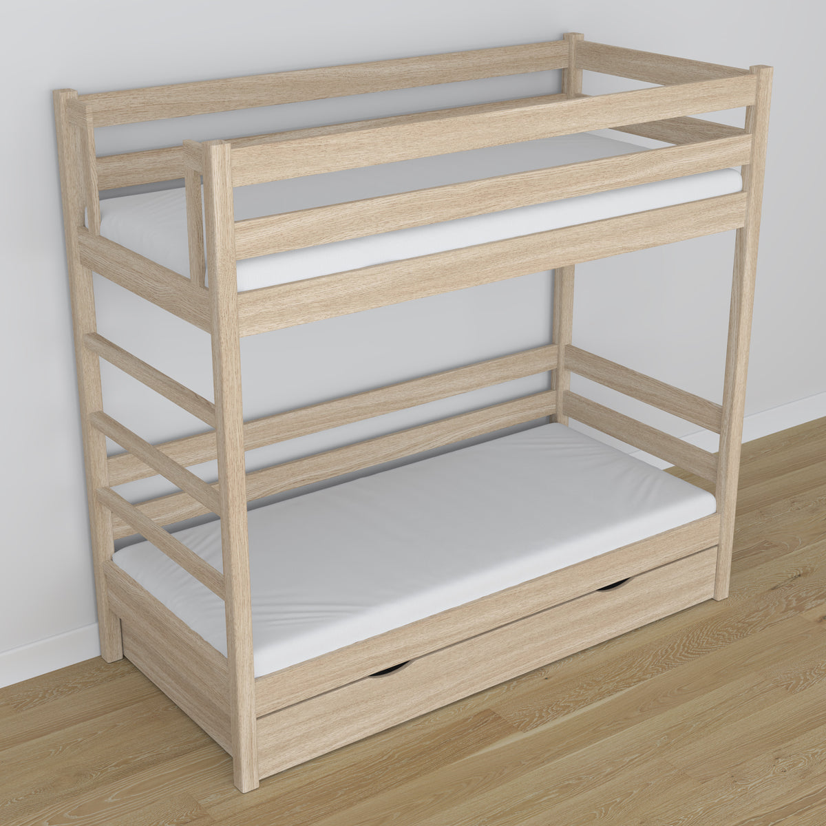 Lit superposé en chêne chêne blanchi – détails des assemblages et de l'échelle, chambre d'enfant