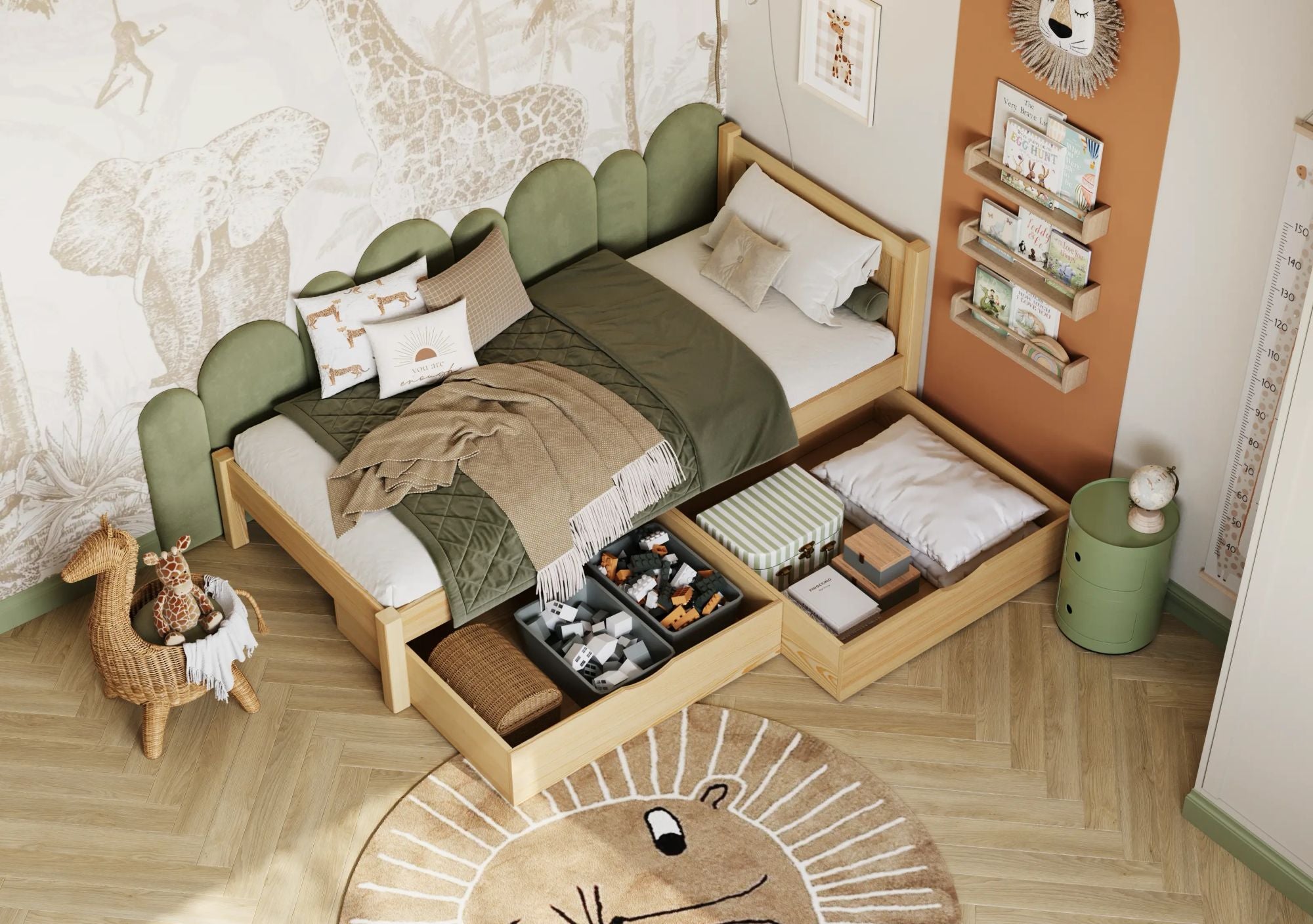 Letto con cassetto in legno pino naturale – testiera, dettaglio su qualità legno