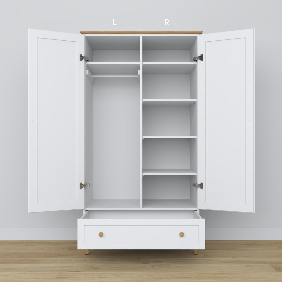 Armadio 2D1S bianco con quercia – cassetto aperto, capiente vano, in legno
