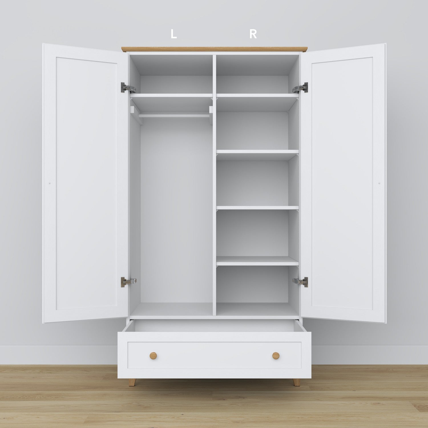 Armadio 2D1S bianco con quercia – cassetto aperto, capiente vano, in legno