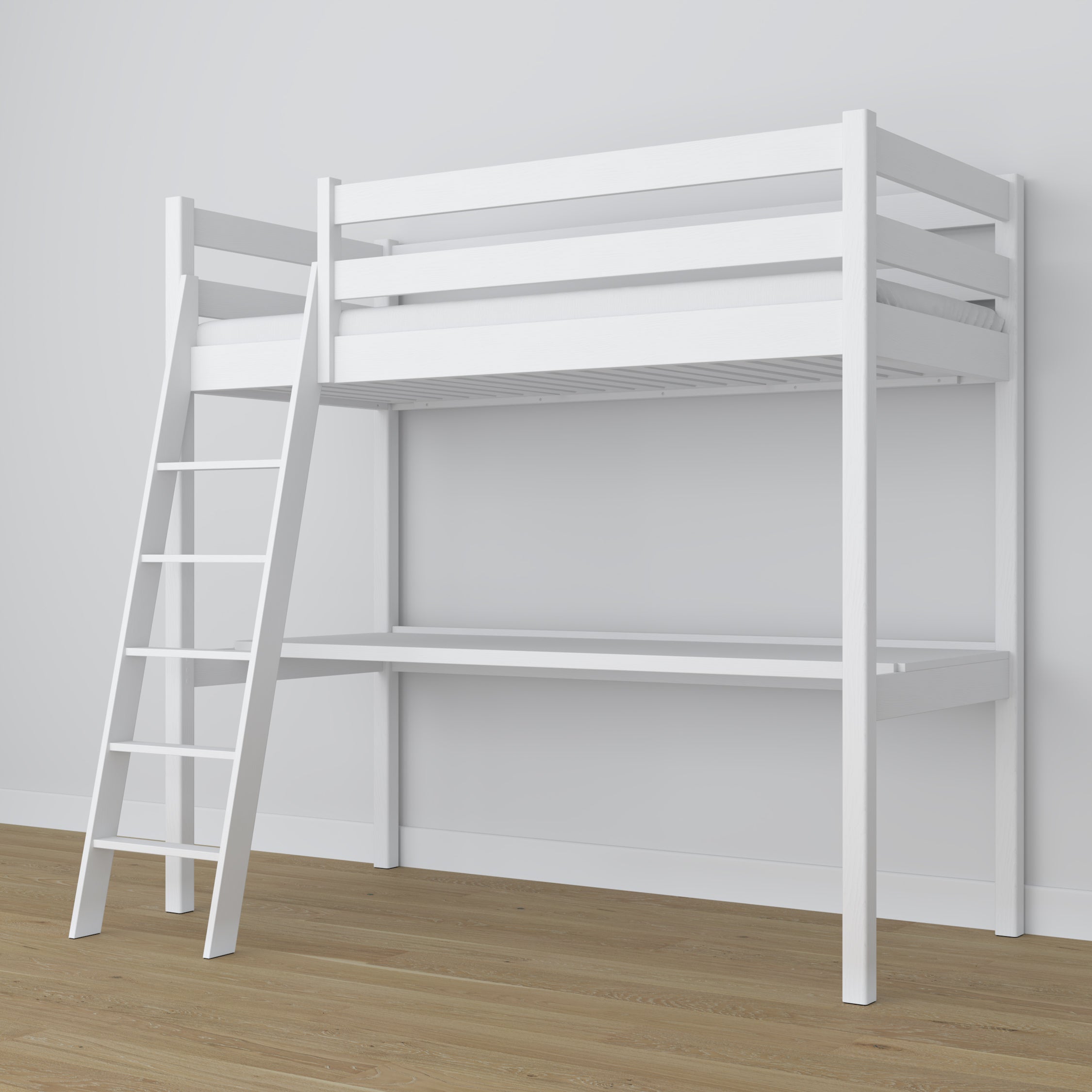 Letto a soppalco in legno bianco con scrivania – struttura e doghe, Nizio