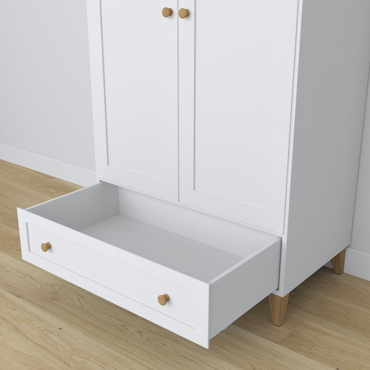 Armadio 2D1S in legno bianco con quercia – vista laterale, profondità e proporzioni del mobile