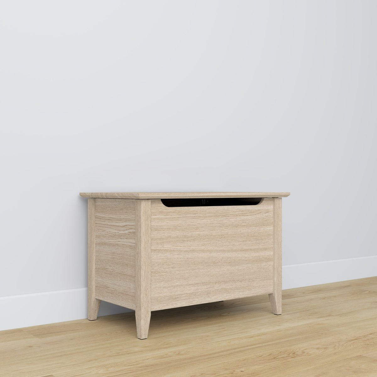 Baule in rovere sbiancata – coperchio aperto, capiente ambiente per del contenimento