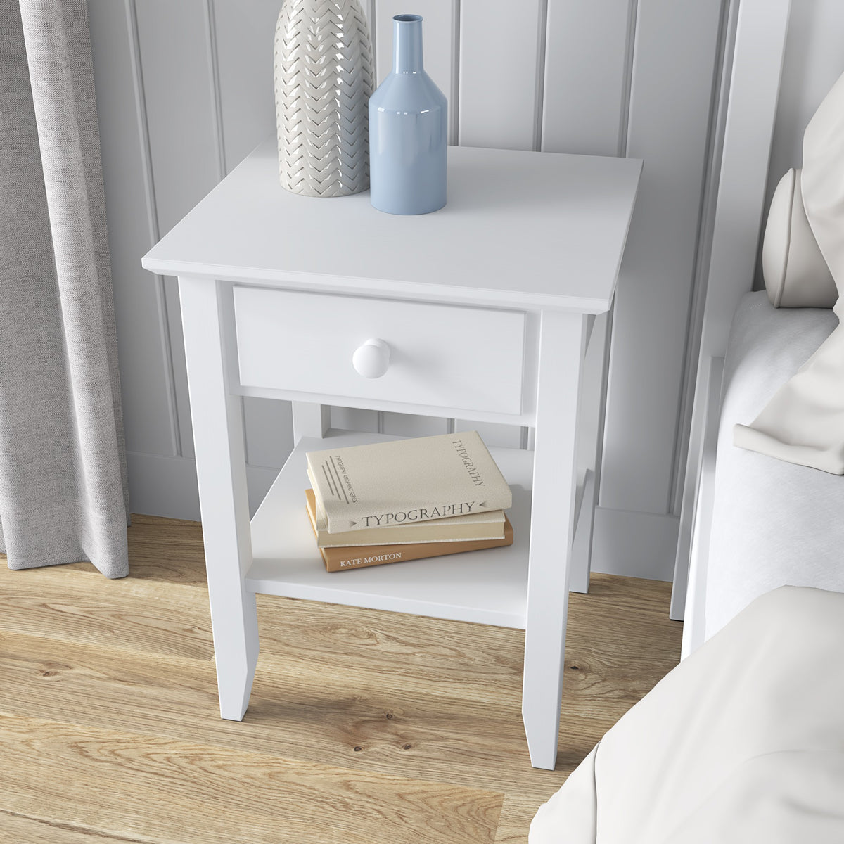 Comodino N01 bianco – pannelli, dettaglio su in legno, Nizio