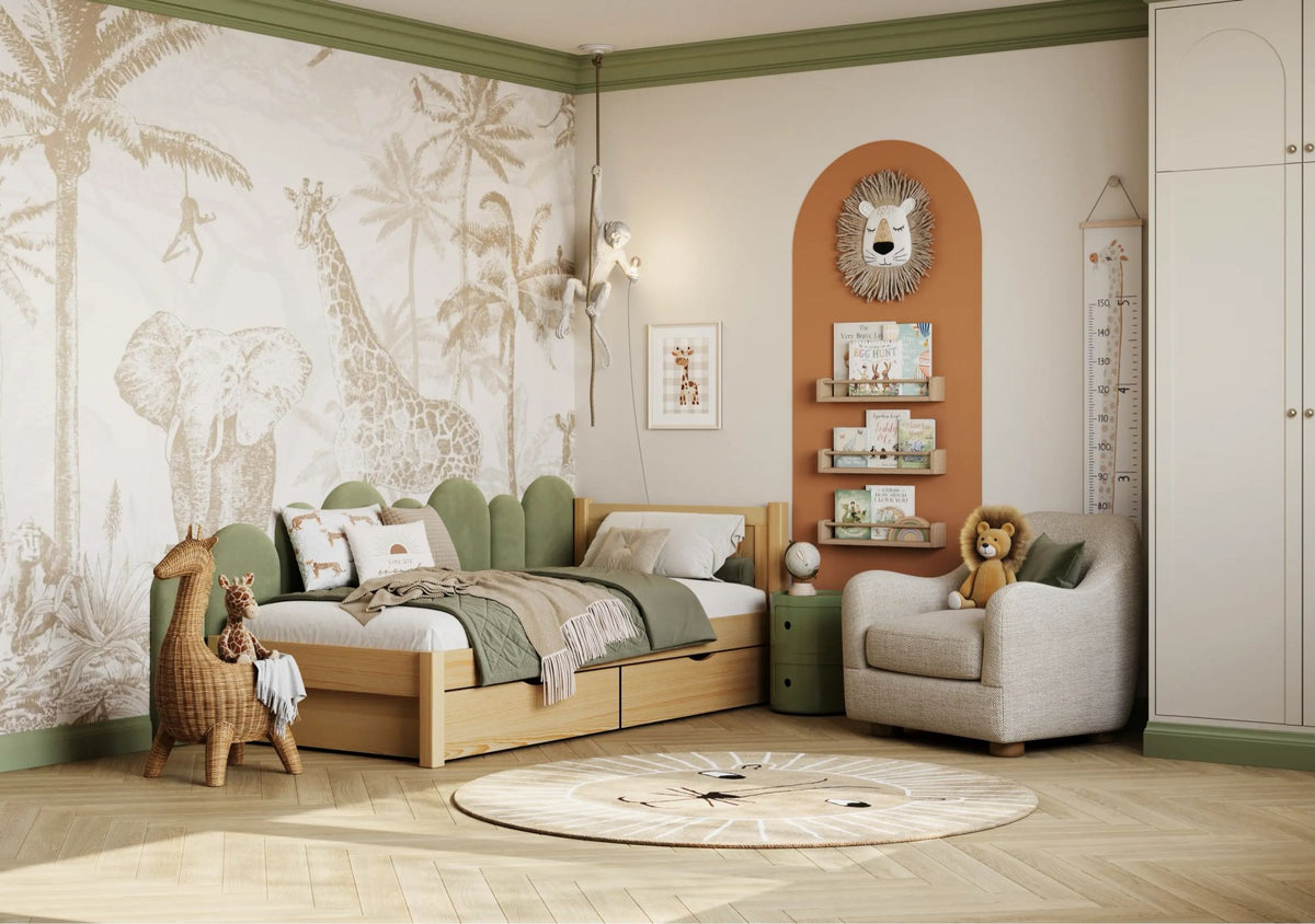 Letto pino naturale con cassetto in legno – vista diagonale