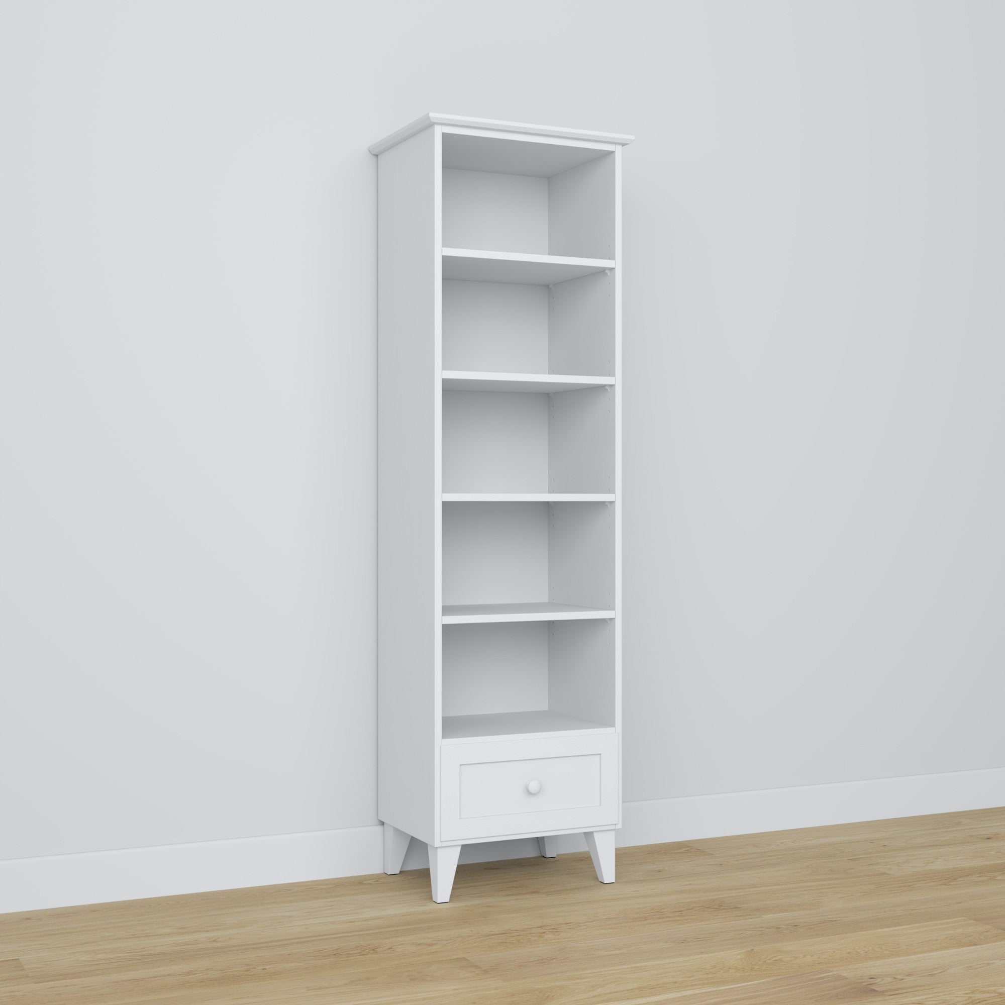 Scaffale 1S 57 bianco – in legno, tutti ripiani, vista frontealny, Nizio