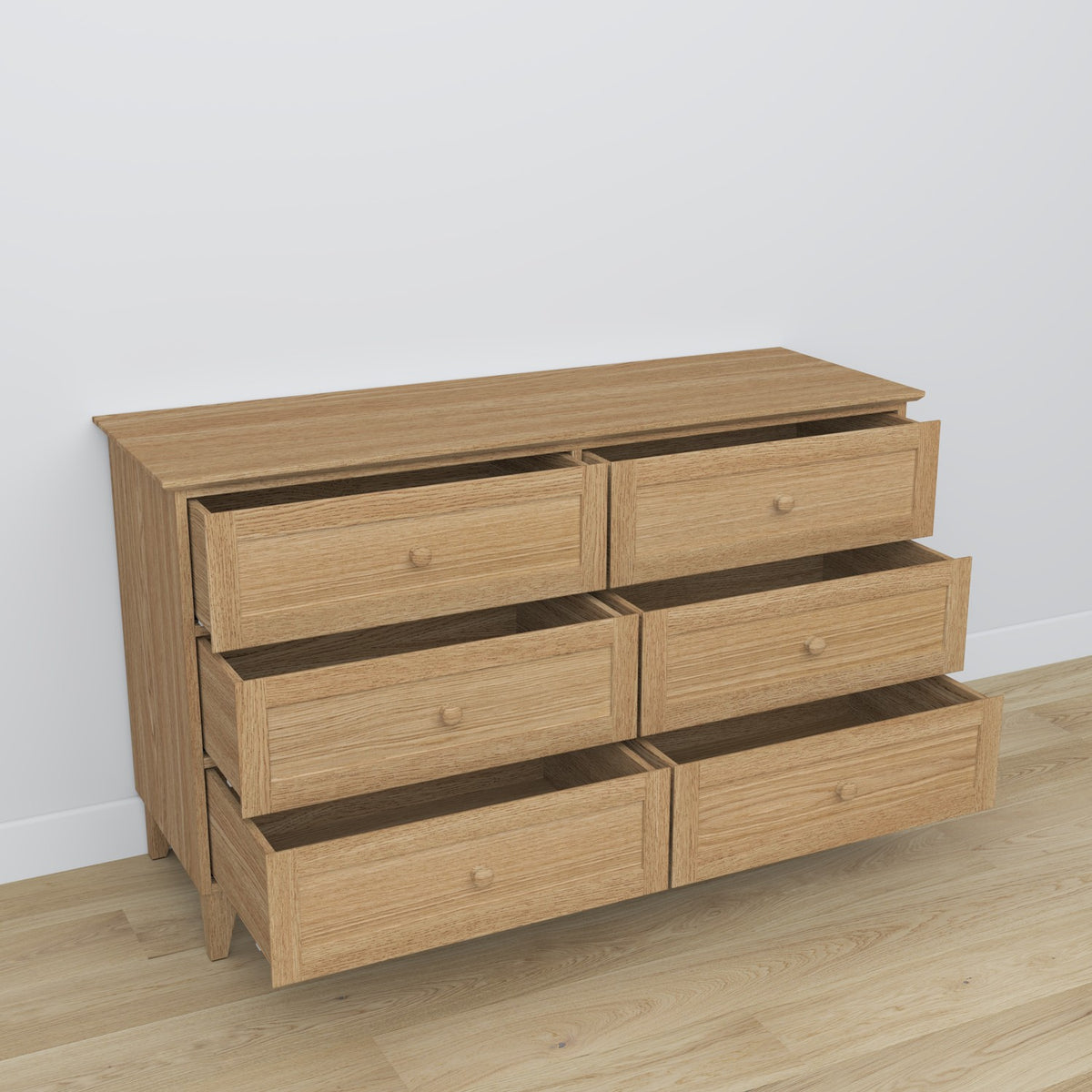 Commode 6S chêne naturel – poignée et face du tiroir, gros plan na en chêne