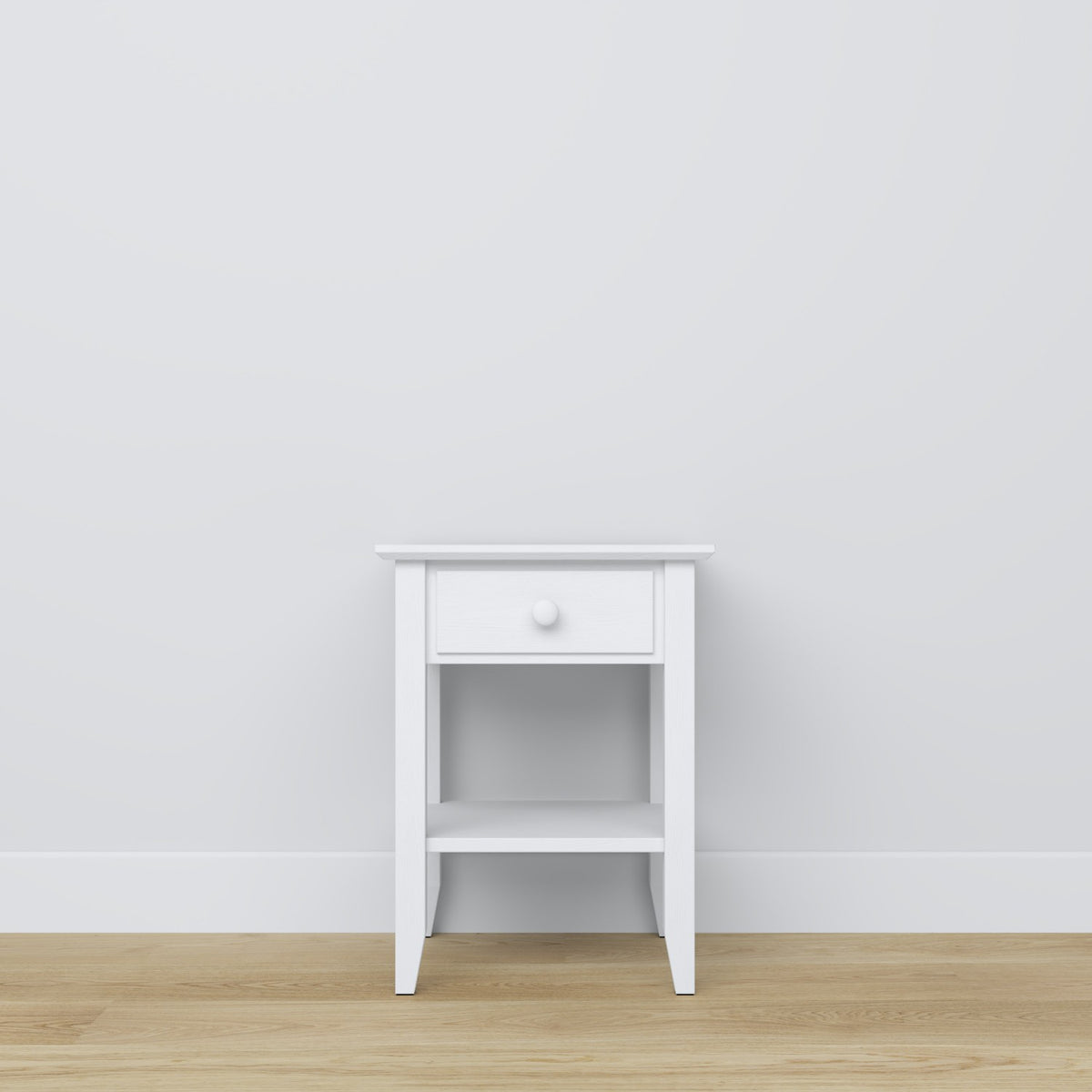 Comodino N01 in legno bianco – maniglia e fronteale cassetti, dettaglio