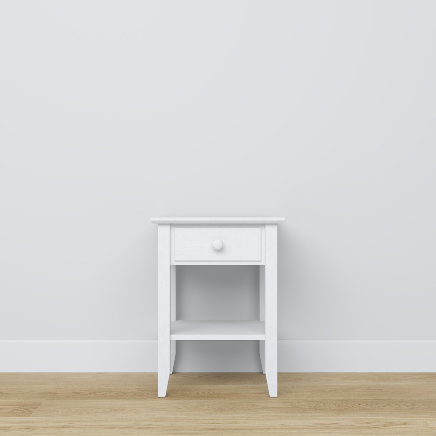 Comodino N01 in legno bianco – maniglia e fronteale cassetti, dettaglio