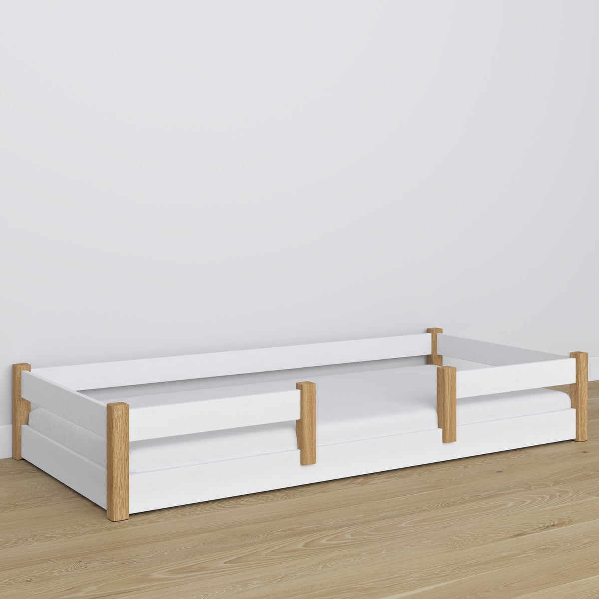 Niedriges Bett Weiß-Eiche aus Holz – Maße und Schema, Nizio