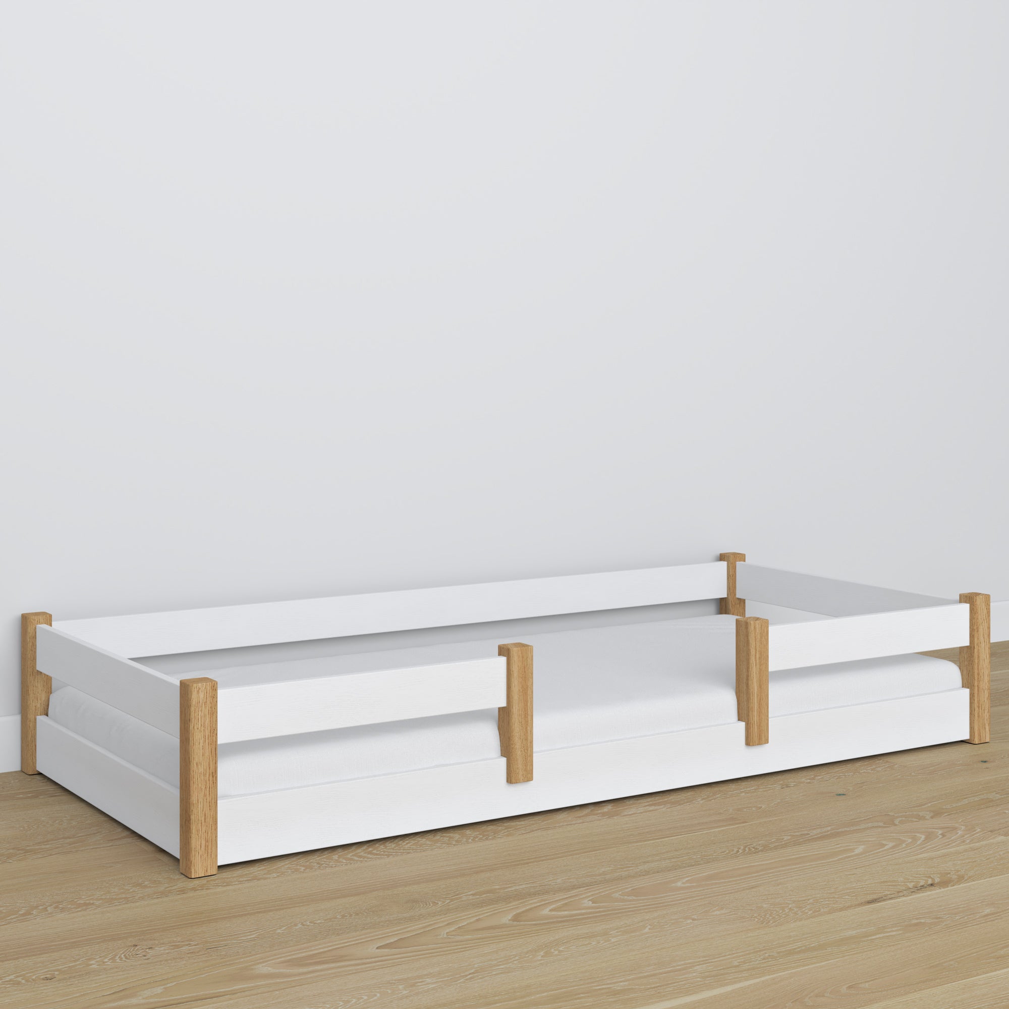 Niedriges Bett Weiß-Eiche aus Holz – Maße und Schema, Nizio