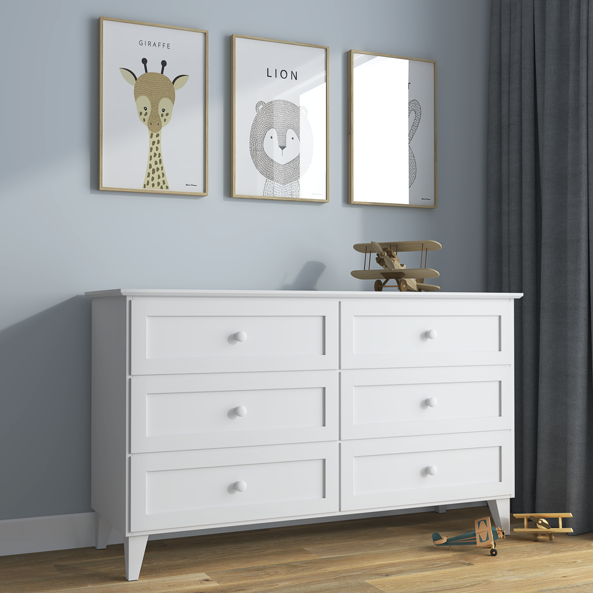 Cassettiera 6S bianco – in legno, cassetti chiuso, vista frontealny, Nizio