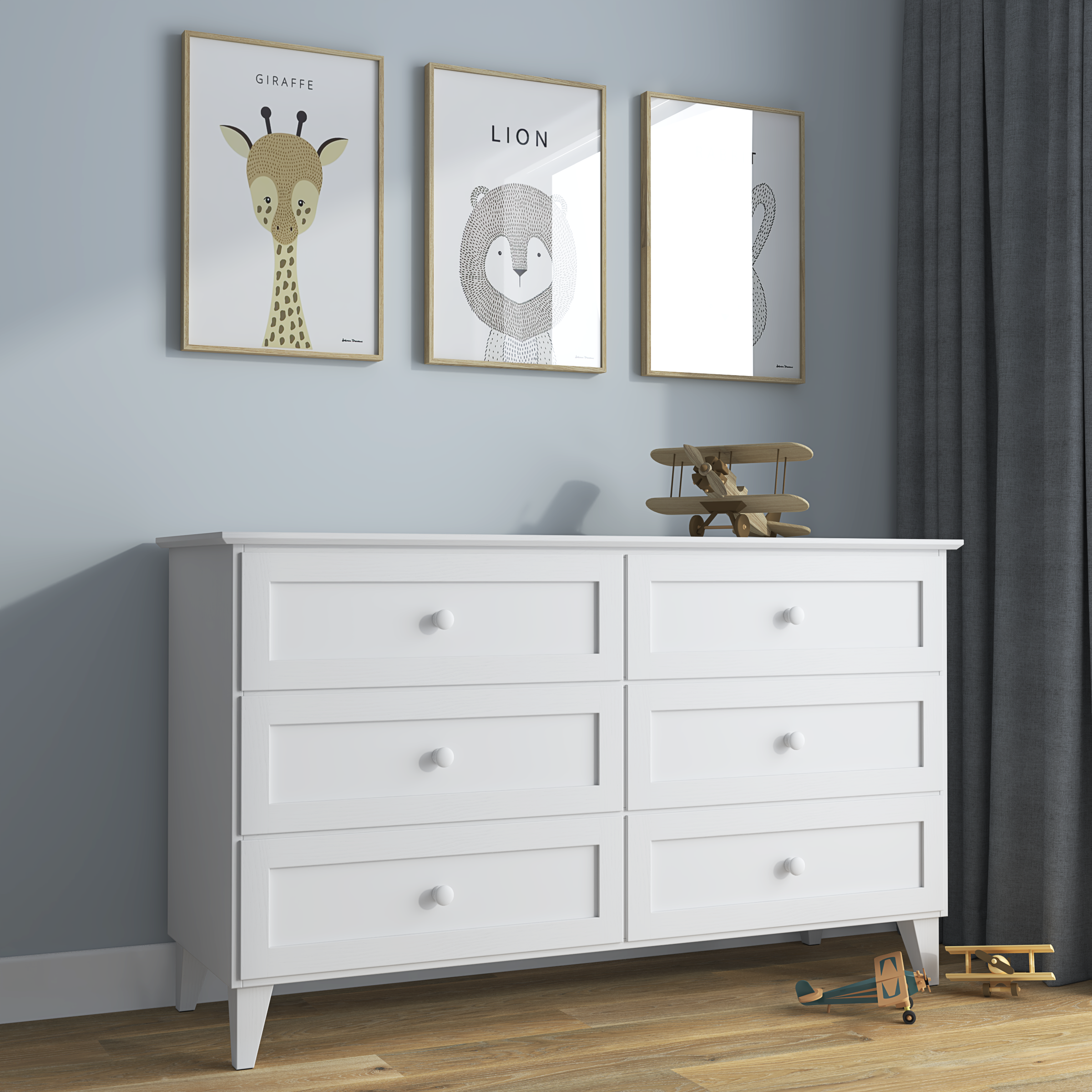 Cassettiera 6S bianco – in legno, cassetti chiuso, vista frontealny, Nizio